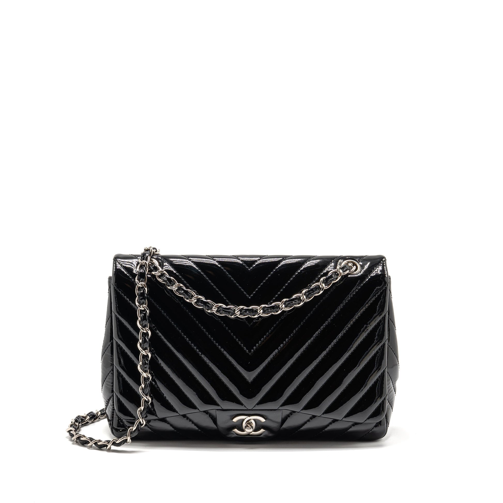 Chanel chevron jumbo single flap patent SHW Black Shoulder Bag