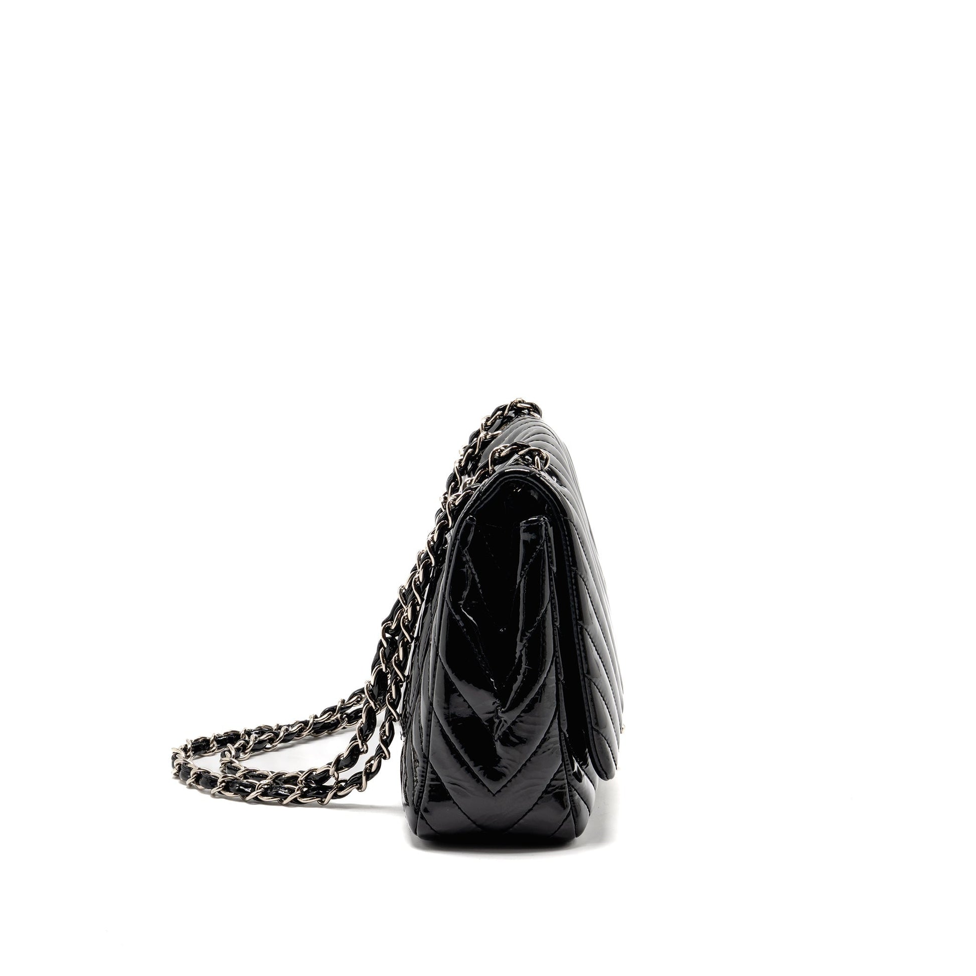 Chanel chevron jumbo single flap patent SHW Black Shoulder Bag