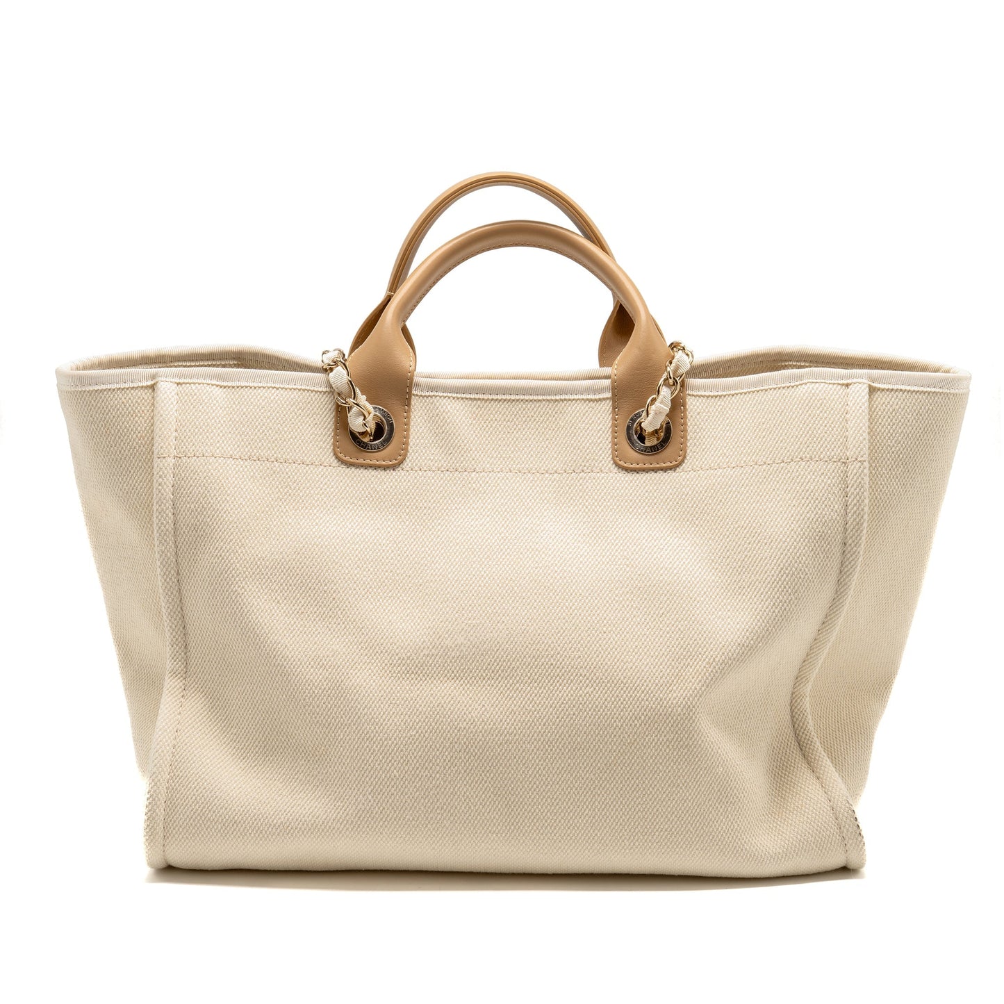 Chanel Deauville Pearl Logo Fabric Creamy LGHW White Beige Leather Tote Bag
