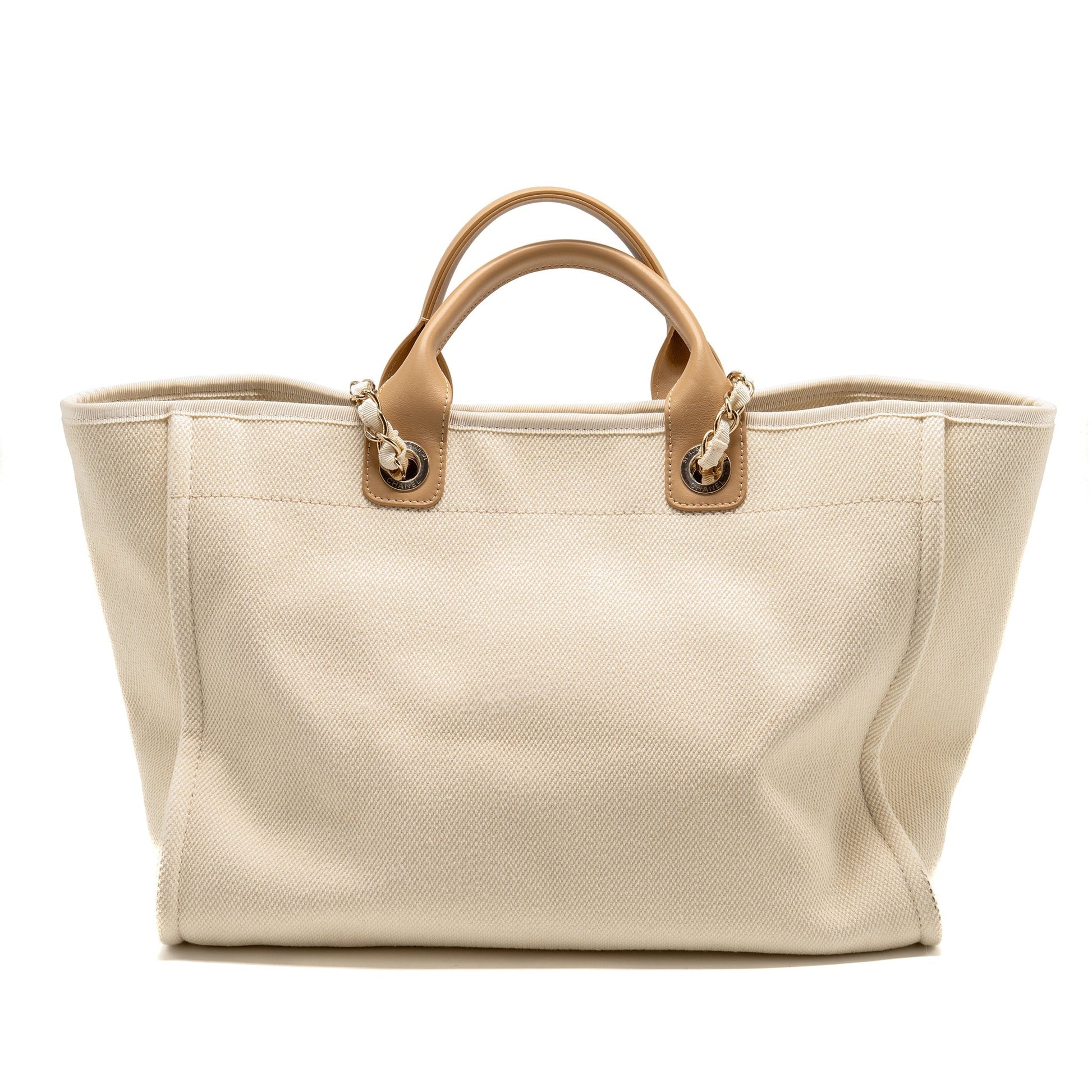 Chanel Deauville Pearl Logo Fabric Creamy LGHW White Beige Leather Tote Bag