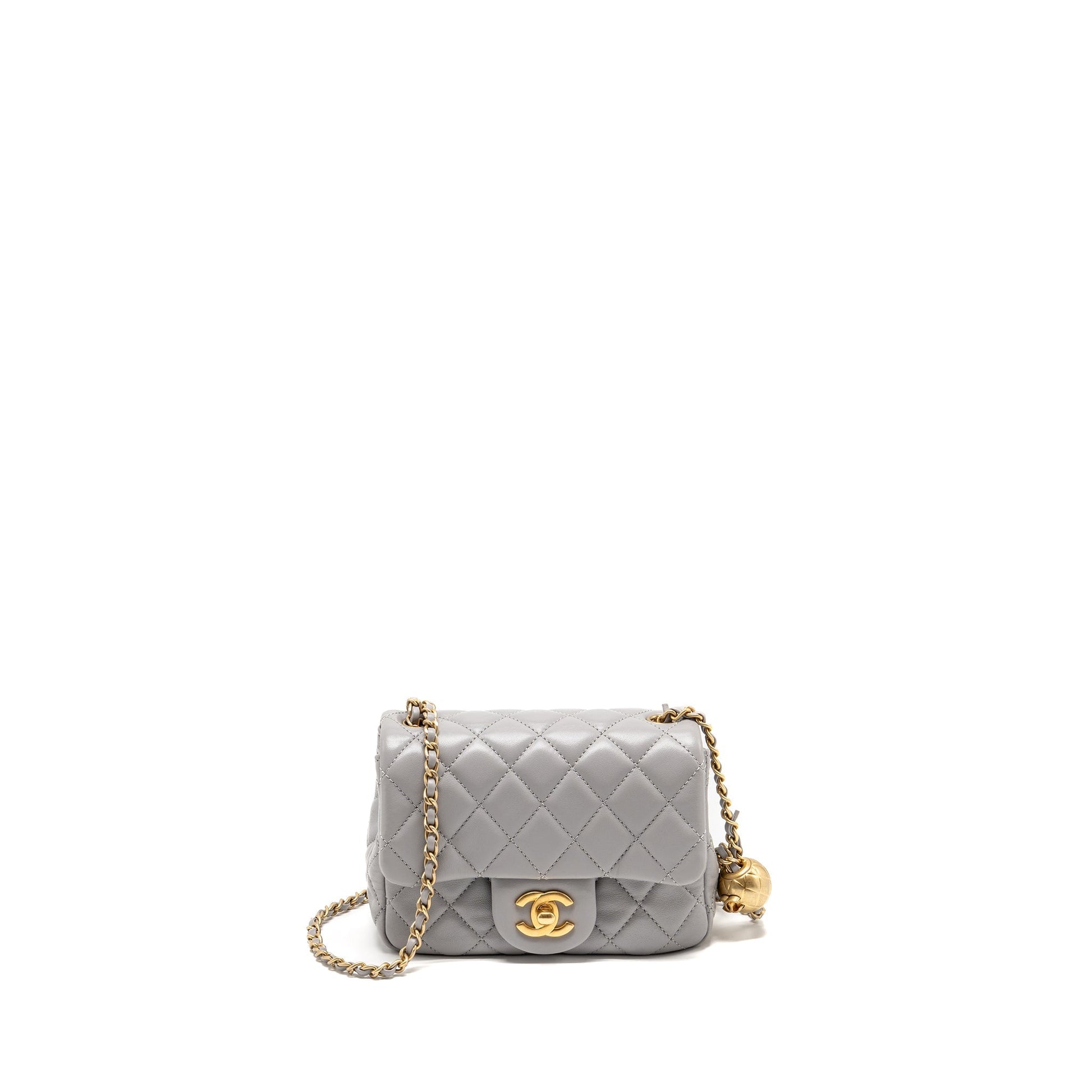 Chanel Pearl Crush Square Flap Lambskin GHW Grey Shoulder Bag Ghw Microchip
