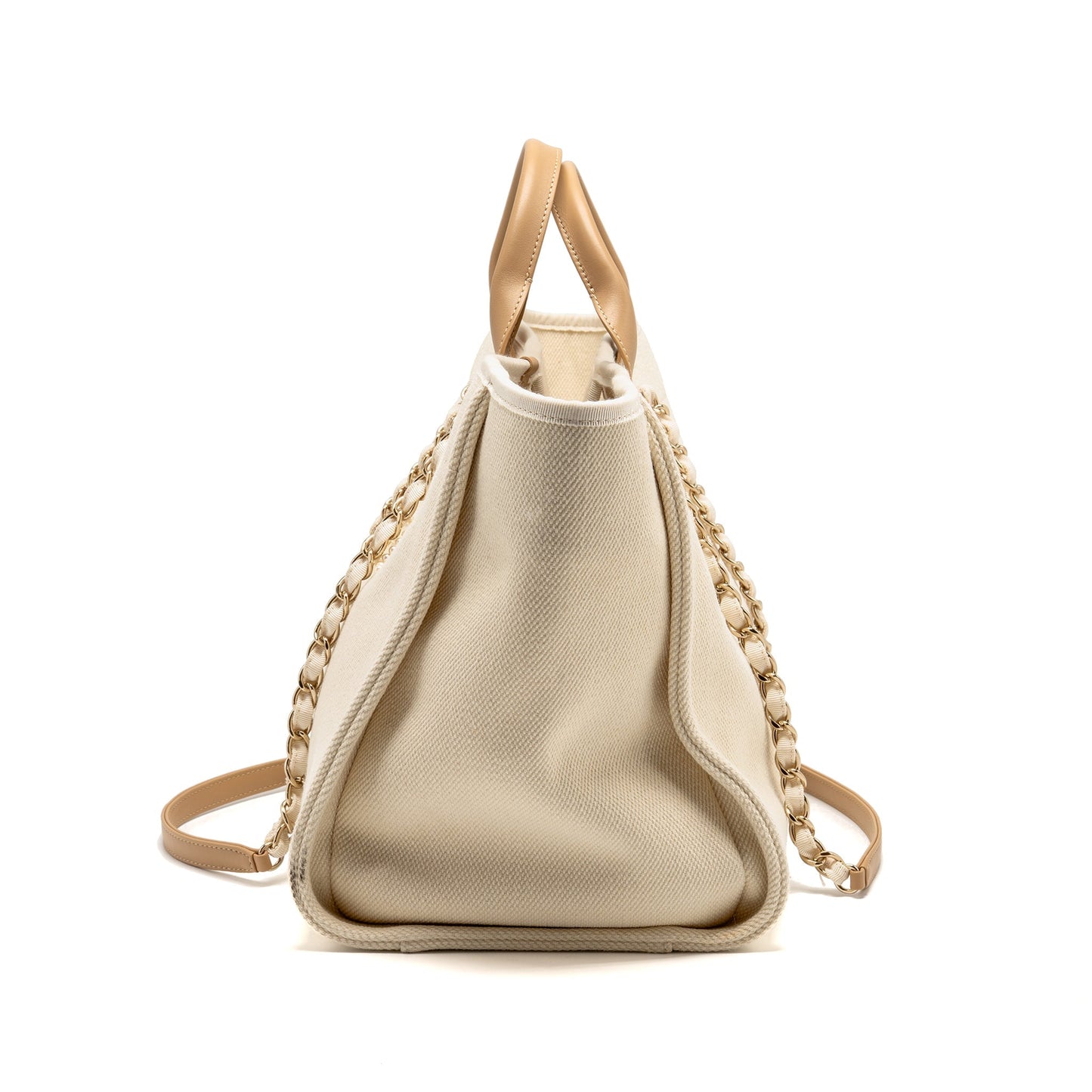 Chanel Deauville Pearl Logo Fabric Creamy LGHW White Beige Leather Tote Bag