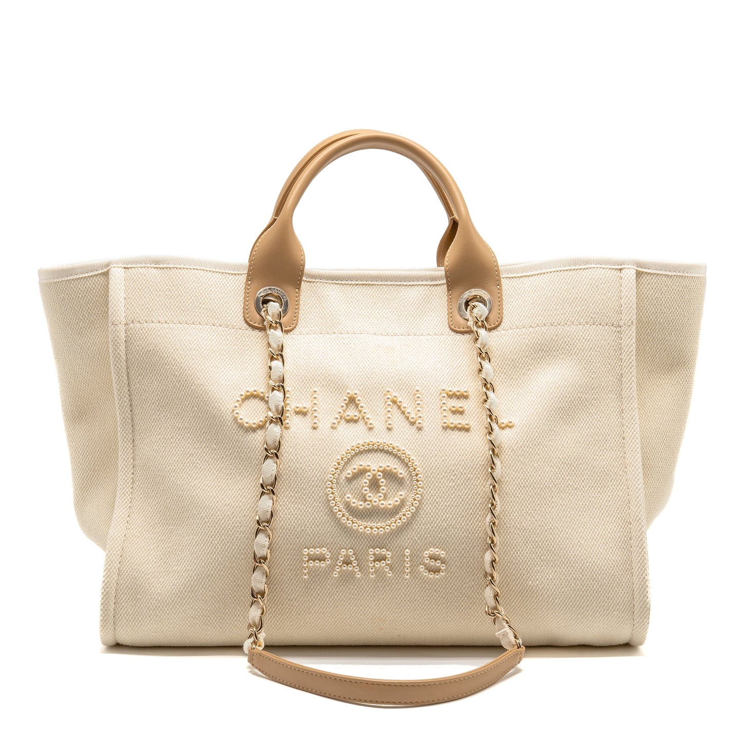 Chanel Deauville Pearl Logo Fabric Creamy LGHW White Beige Leather Tote Bag