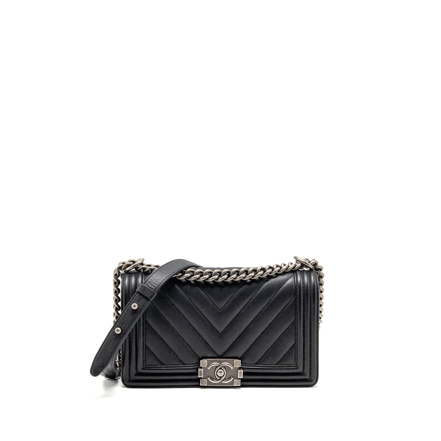 Chanel Boy Chevron Caviar Ruthenium Hardware Black Silver Handbag