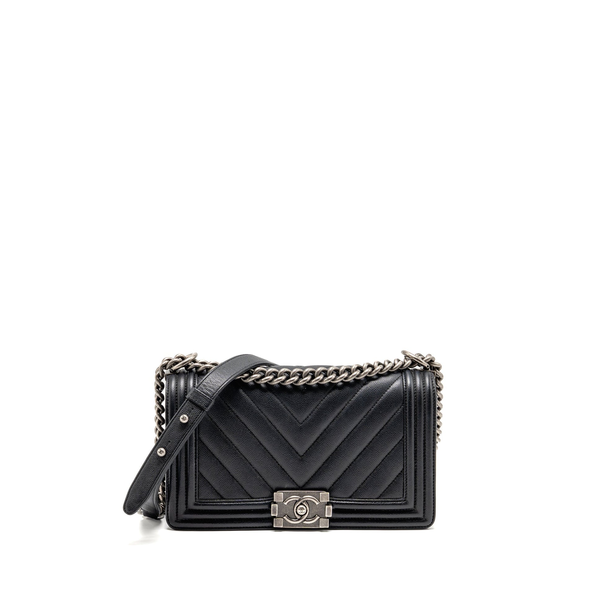 Chanel Boy Chevron Caviar Ruthenium Hardware Black Silver Handbag