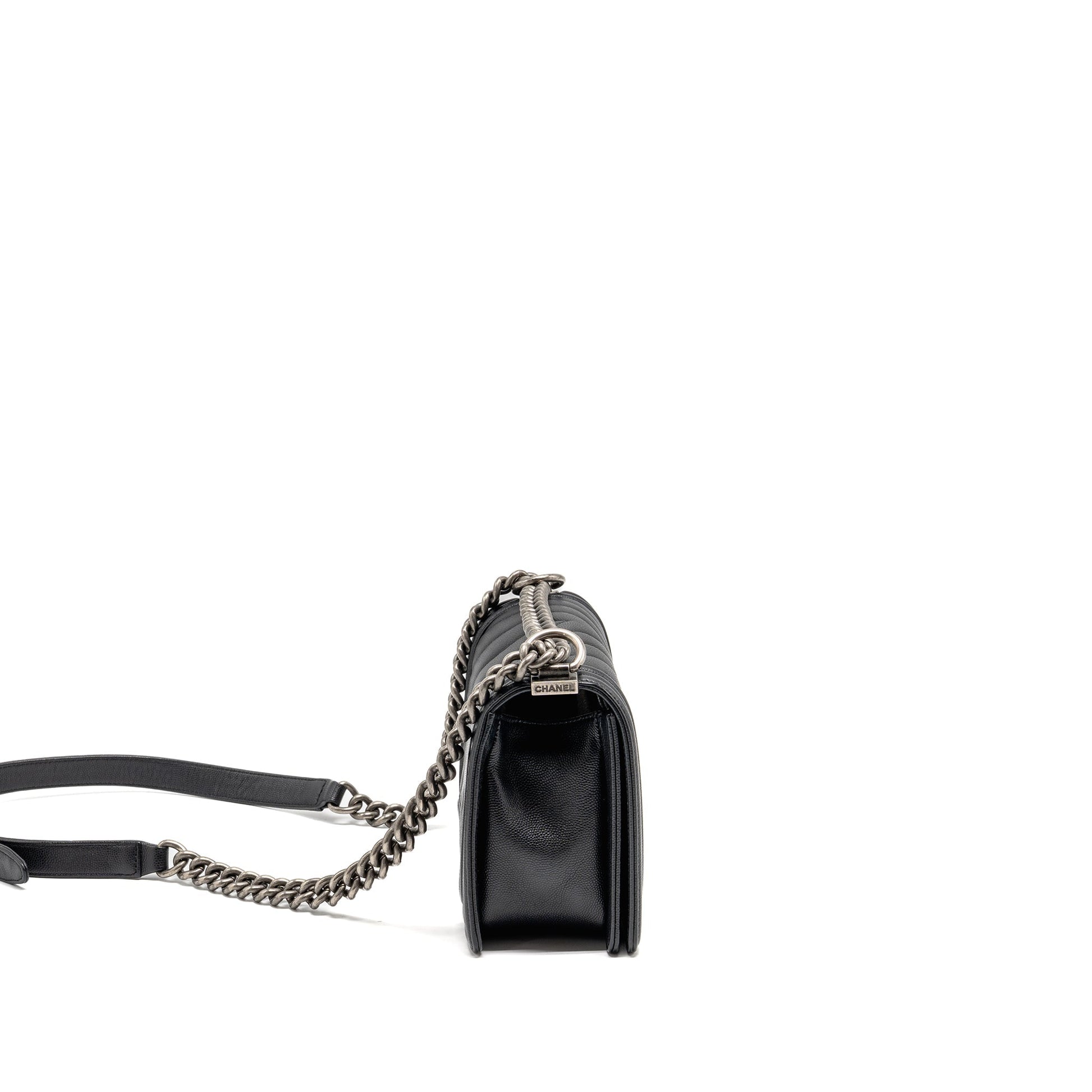 Chanel Boy Chevron Caviar Ruthenium Hardware Black Silver Handbag
