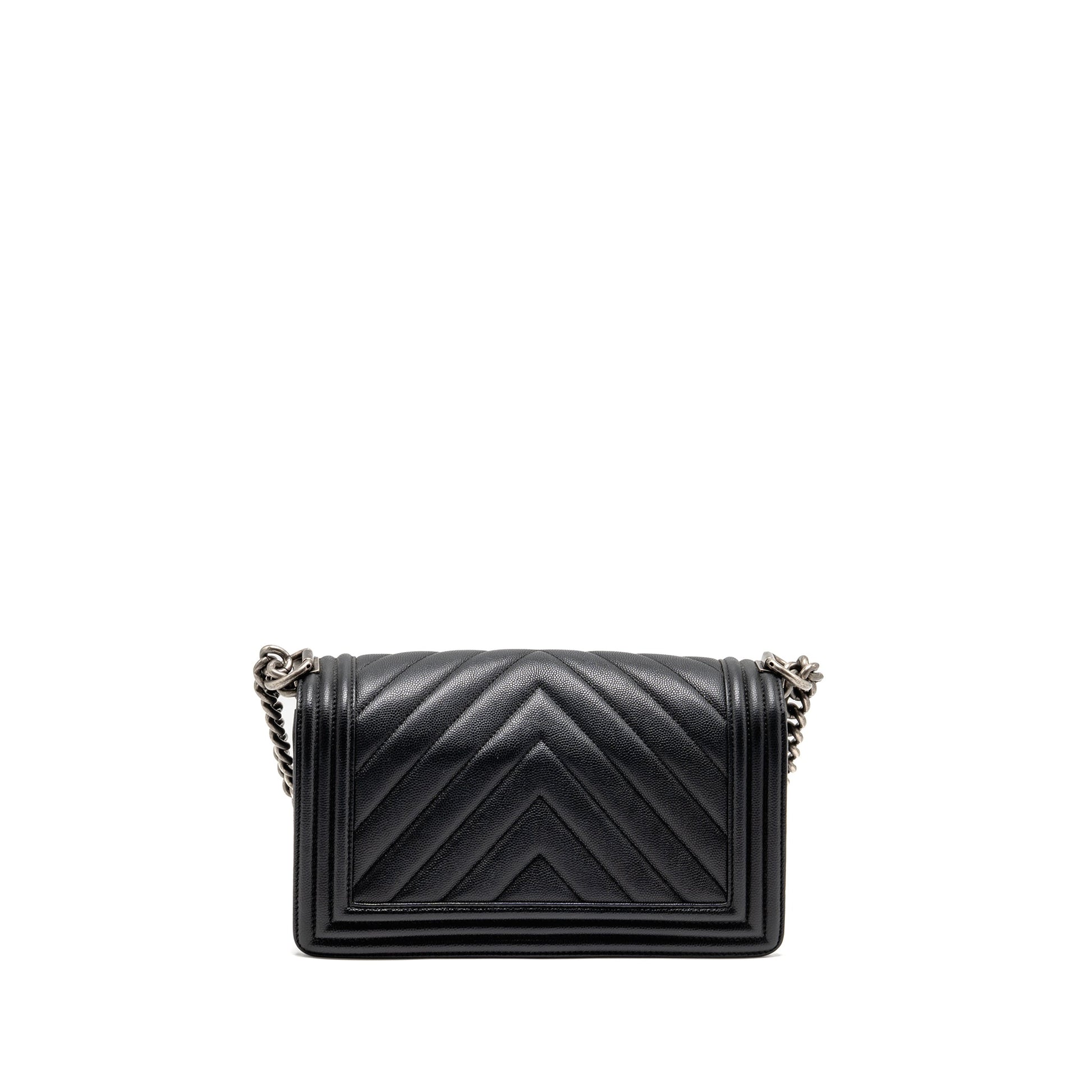 Chanel Boy Chevron Caviar Ruthenium Hardware Black Silver Handbag