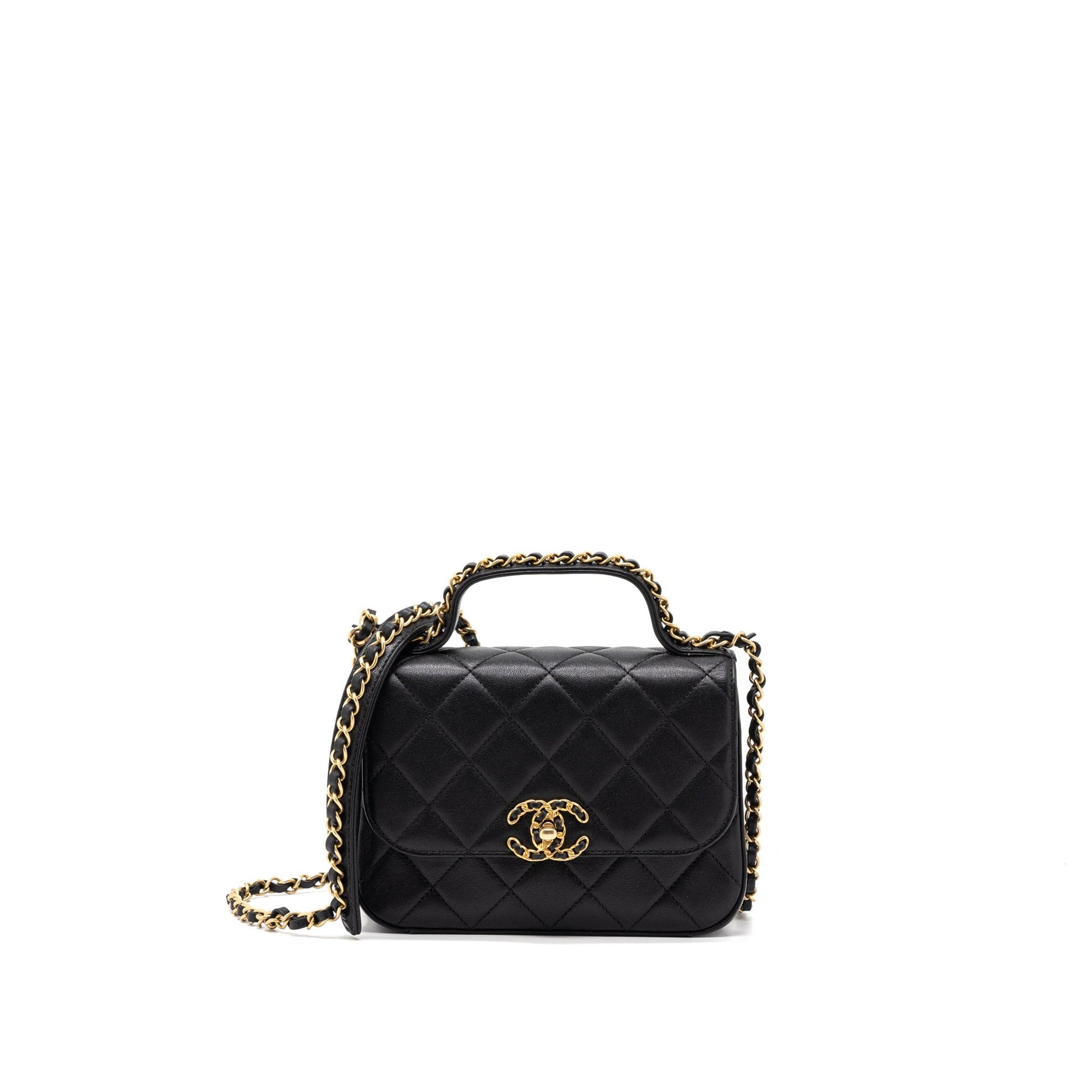 Chanel Top Handle Flap Detailed Logo Goatskin Black Shoulder Bag