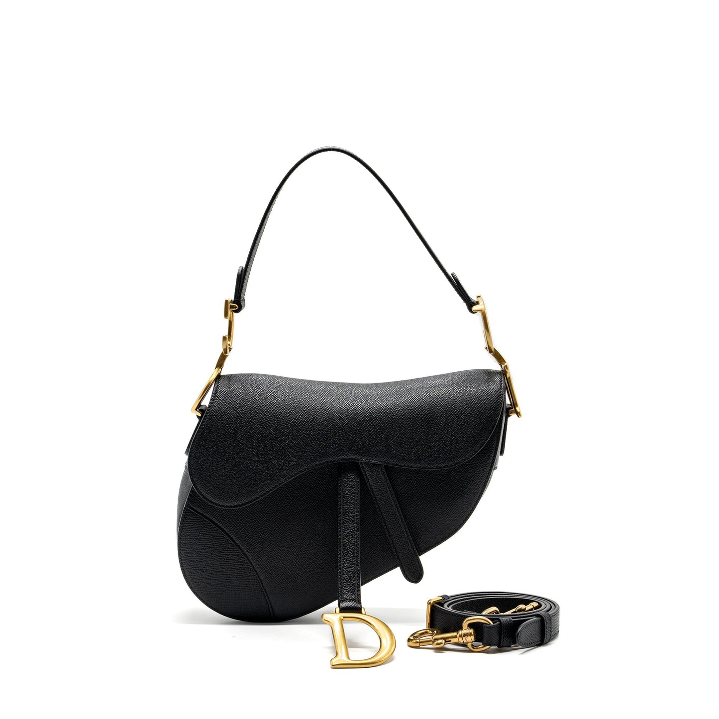 Dior Saddle Purse With Strap Grained Calfskin Handbag Black Medium Travel Bag
