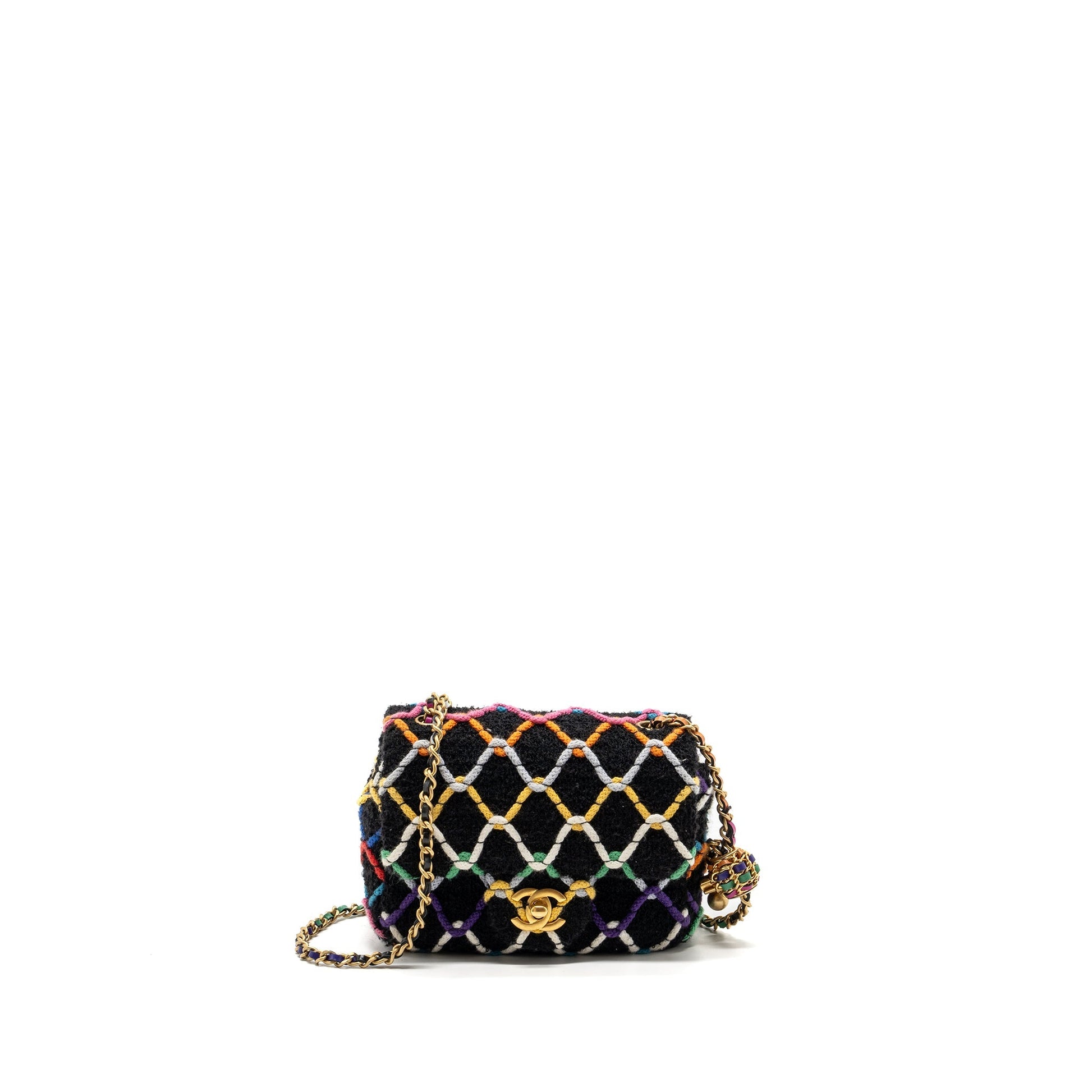 Chanel 22S pearl crush square flap fabric Multicolor Black Shoulder Bag