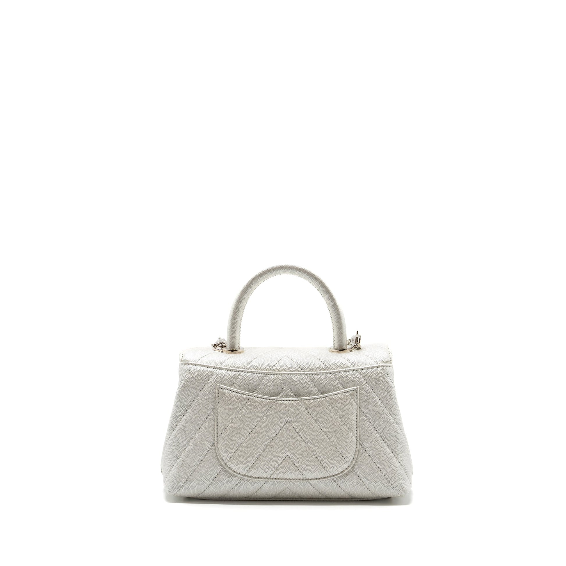 Chanel chevron coco handle caviar iridescent SHW White Small Handbag