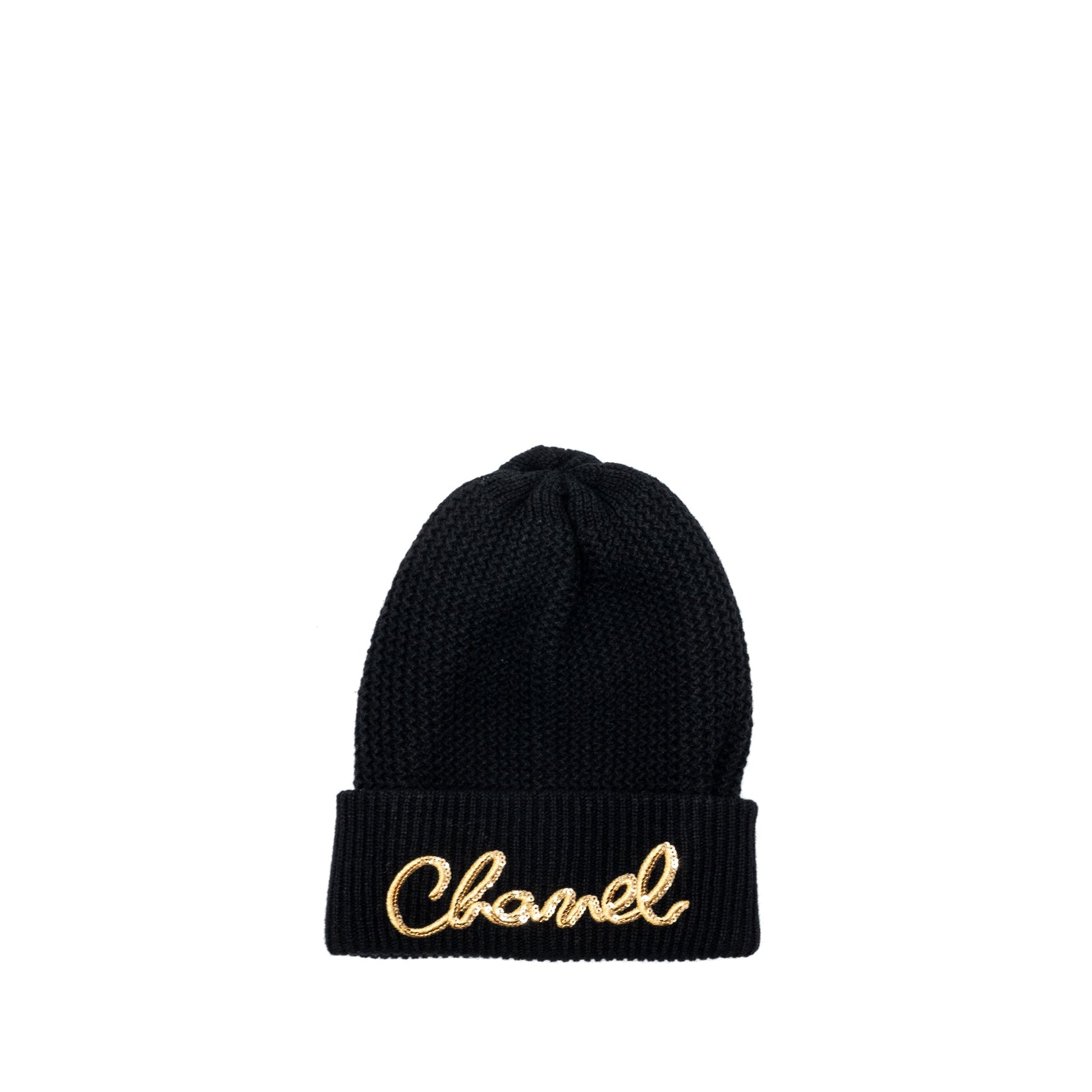 Chanel Beanie Letters Cashmere Black Gold Hat