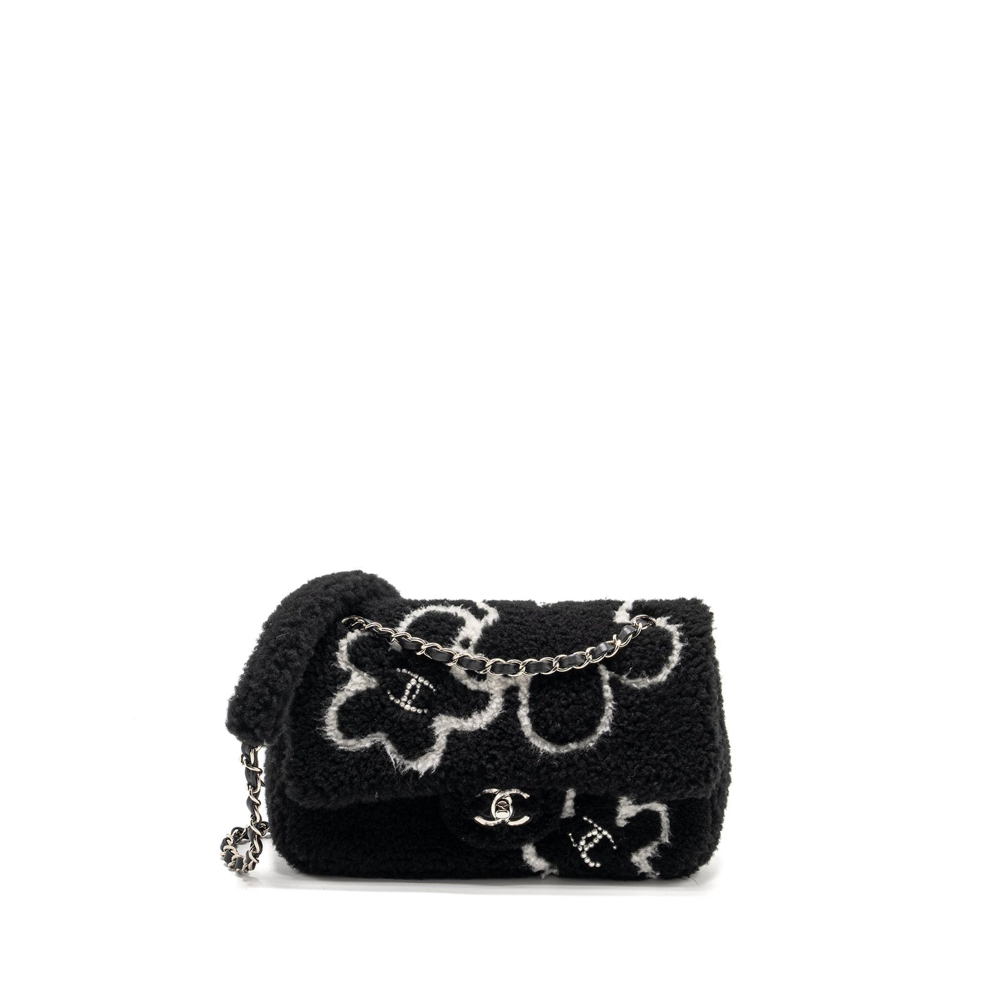 Chanel 22A Fluffy Camellia Flap Embroidered Shearling Black White Shoulder Bag