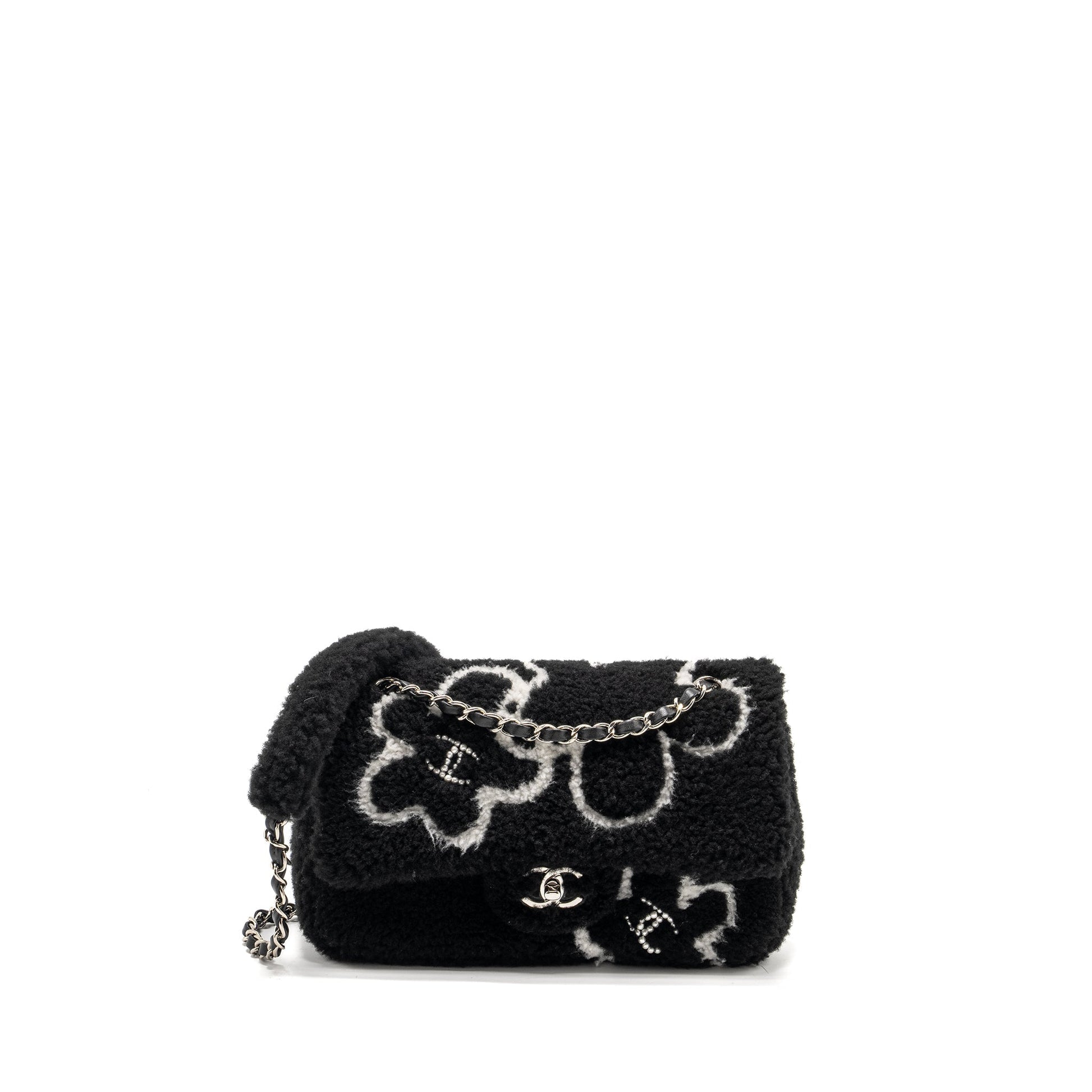 Chanel 22A Fluffy Camellia Flap Embroidered Shearling Black White Shoulder Bag