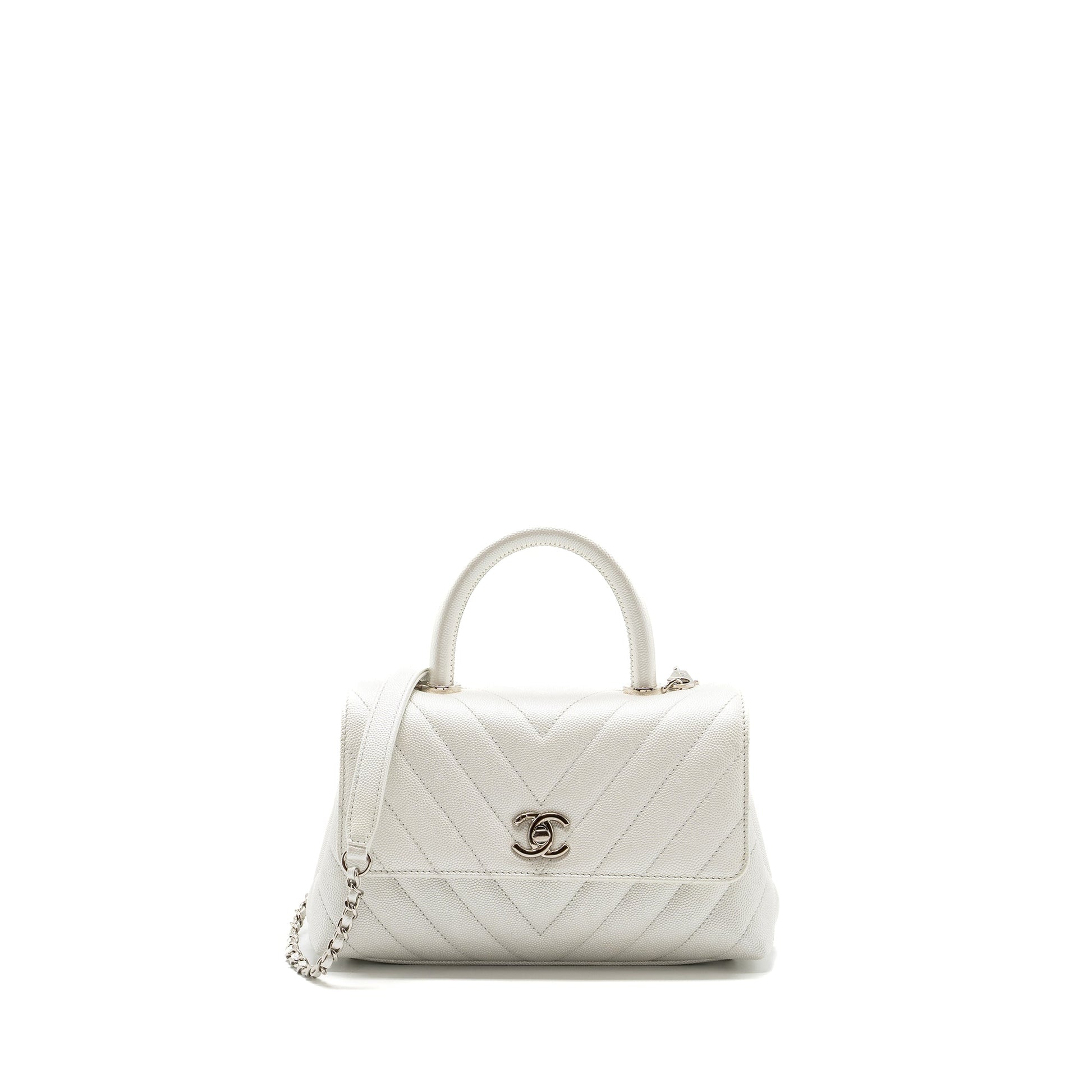 Chanel chevron coco handle caviar iridescent SHW White Small Handbag