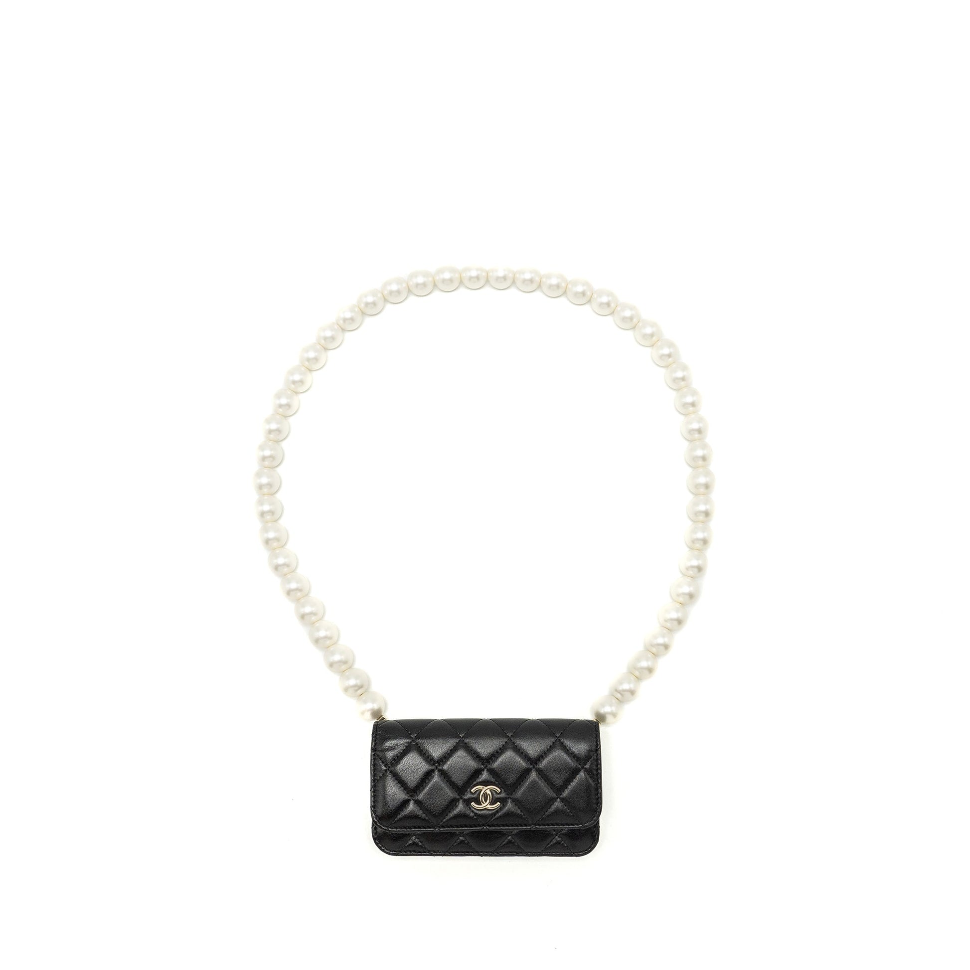 Chanel CC Logo Giant Pearl Lambskin LGHW Black Clutch Bag