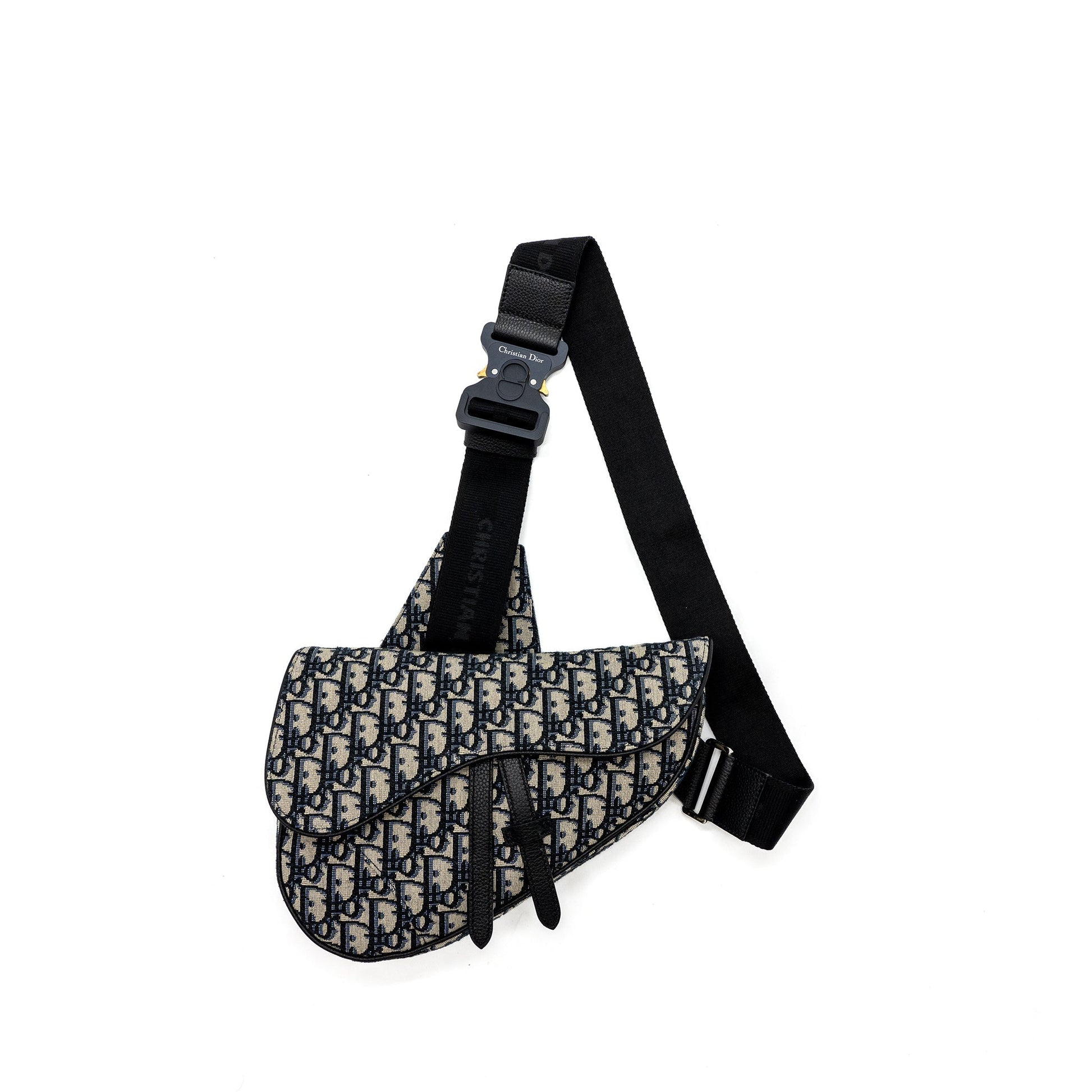 Dior Homme Saddle Purse Oblique Jacquard Handbag Black Beige Travel Bag