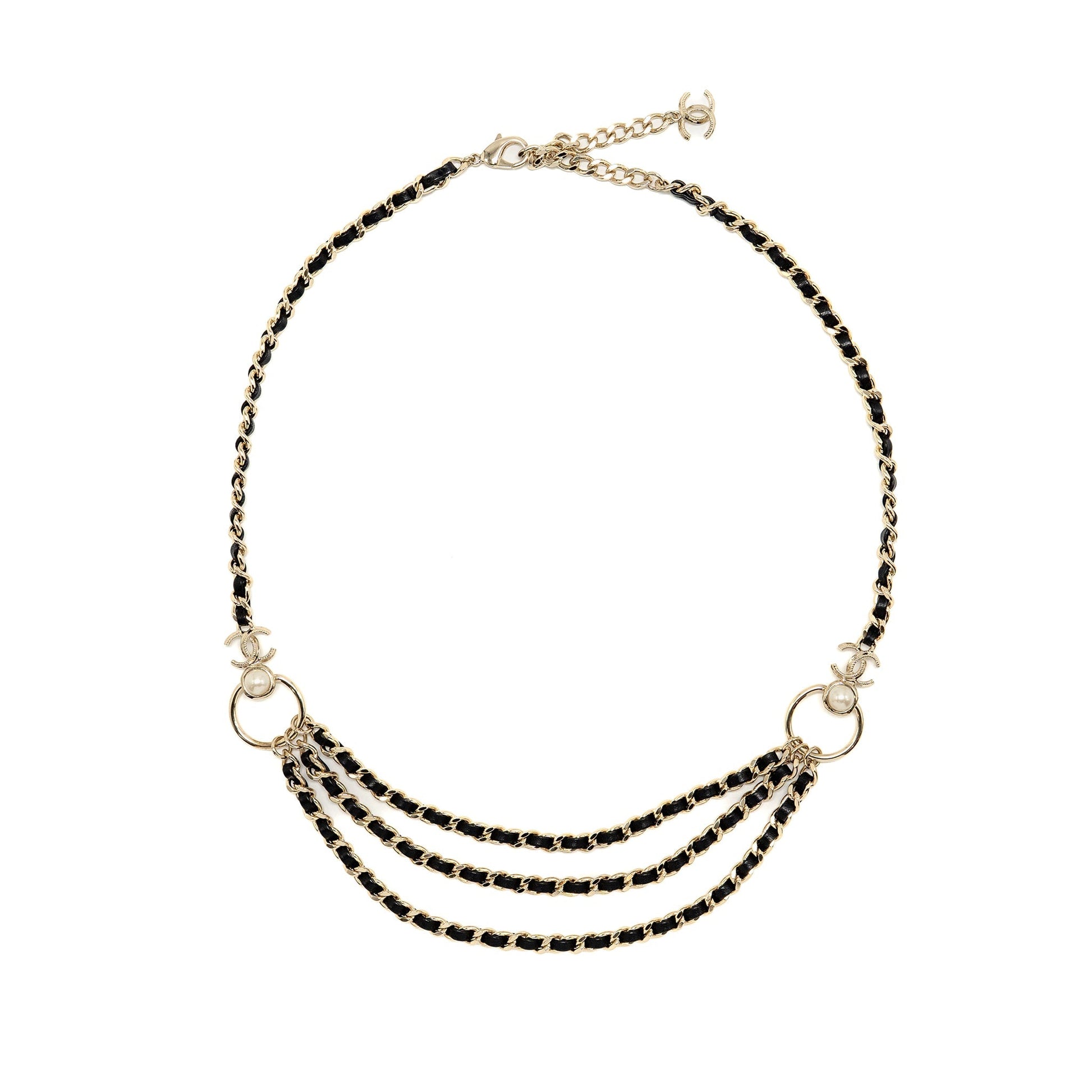 Chanel CC Pearl Waist Belt Light Tone Black Gold Leather