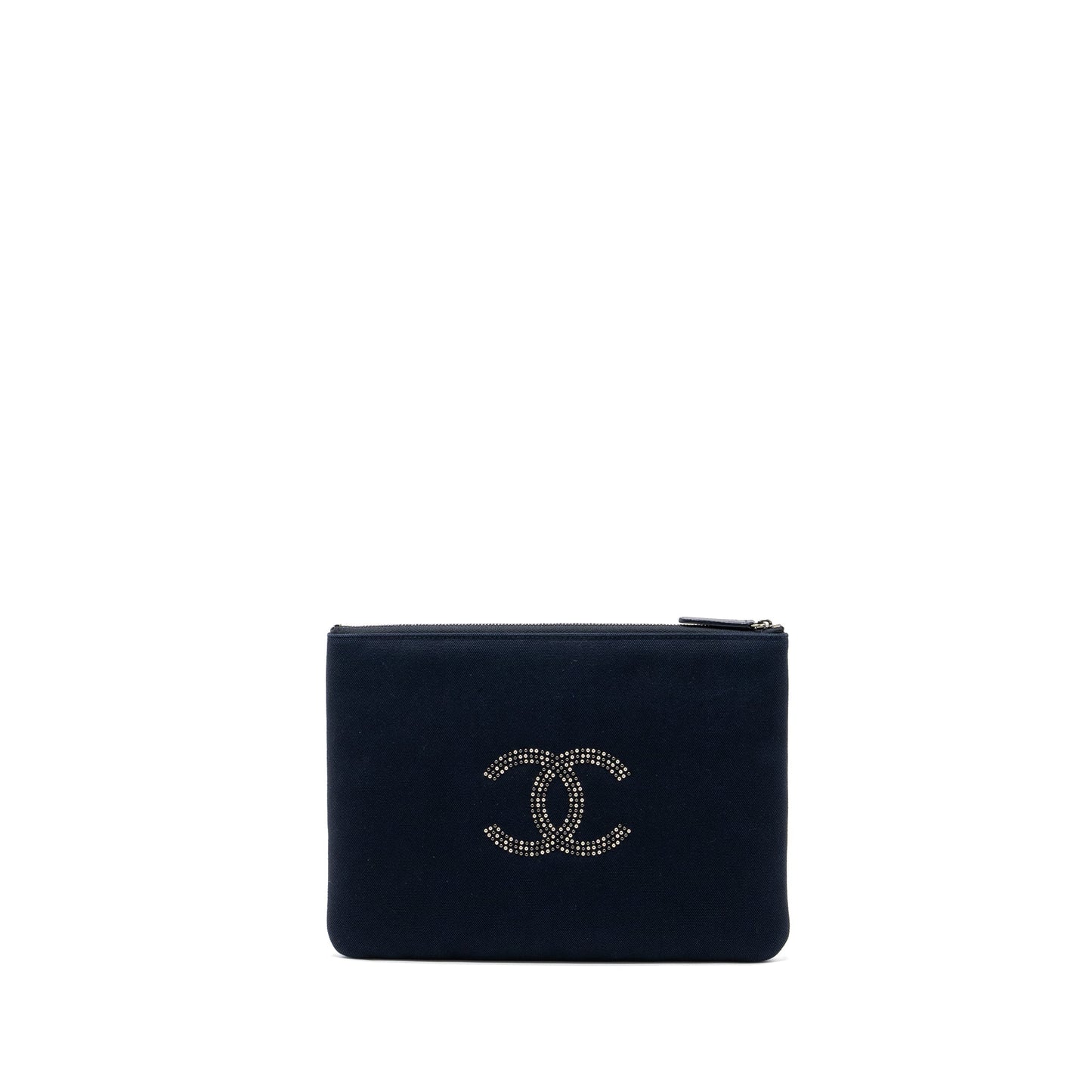 Chanel Double Side Zip Fabric Ruthenium Black Clutch Bag