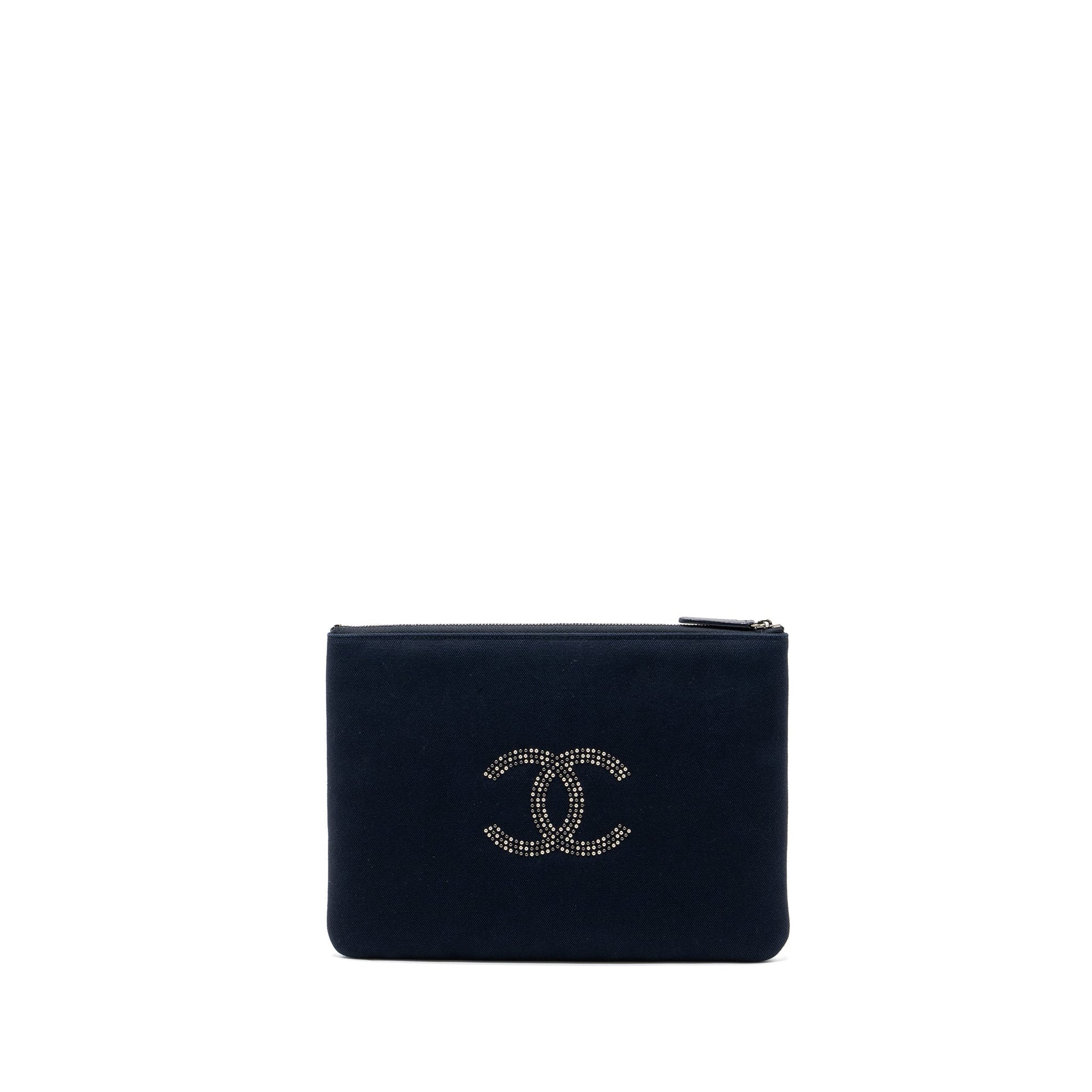 Chanel Double Side Zip Fabric Ruthenium Black Clutch Bag