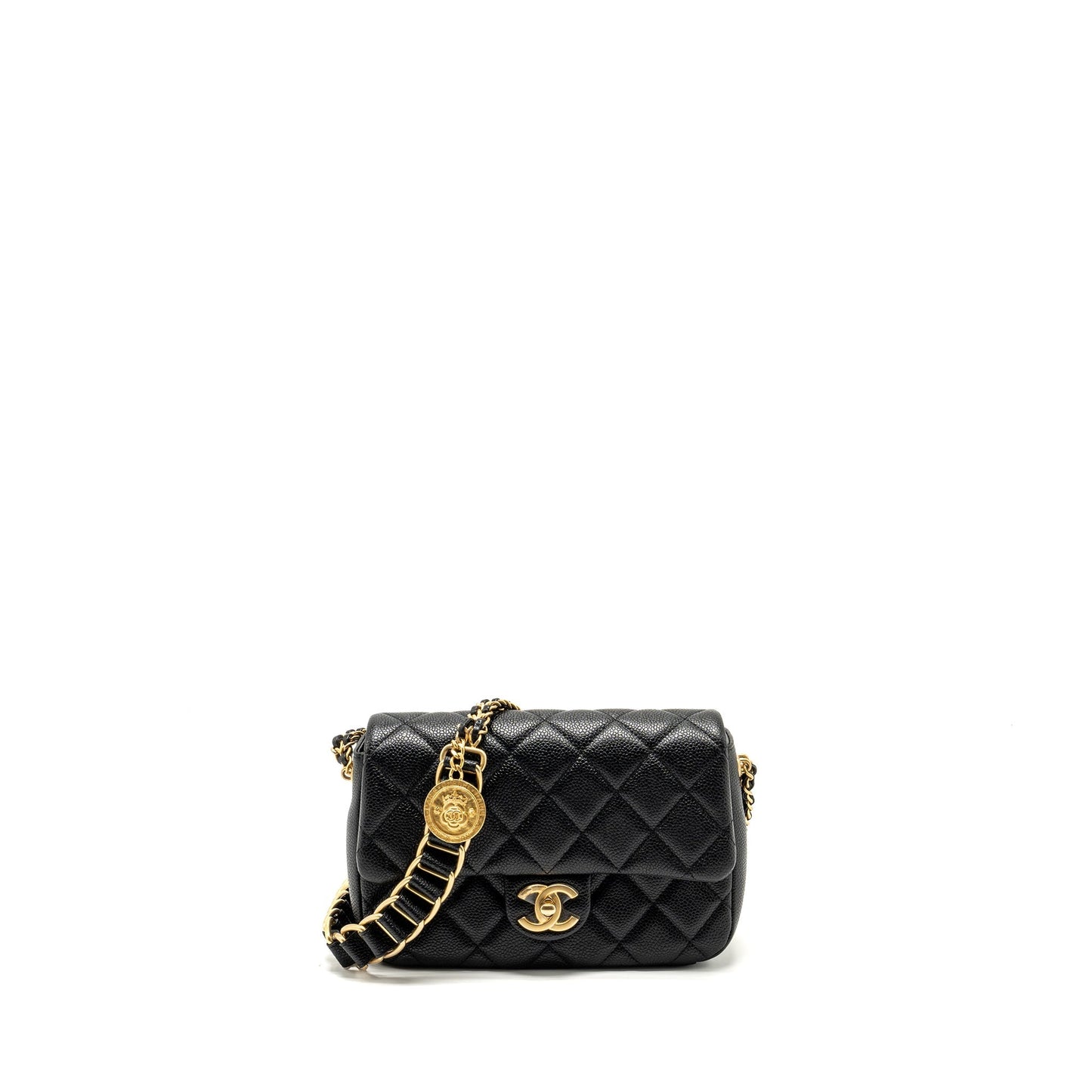 Chanel 21A Detailed Chains Flap Caviar GHW Black Shoulder Bag