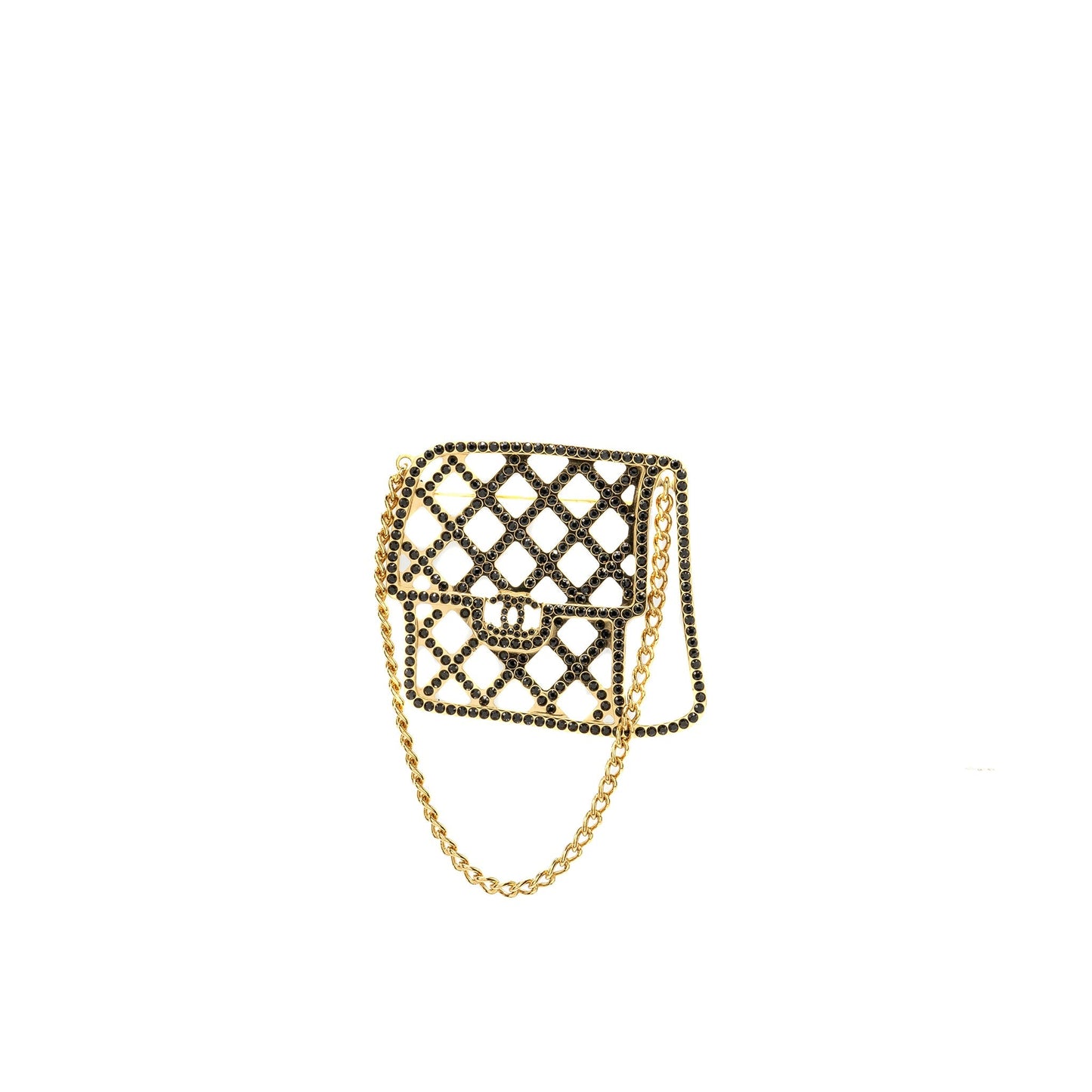 Chanel Flap Brooch Crystal Tone Black Gold Shoulder Bag Tone 1