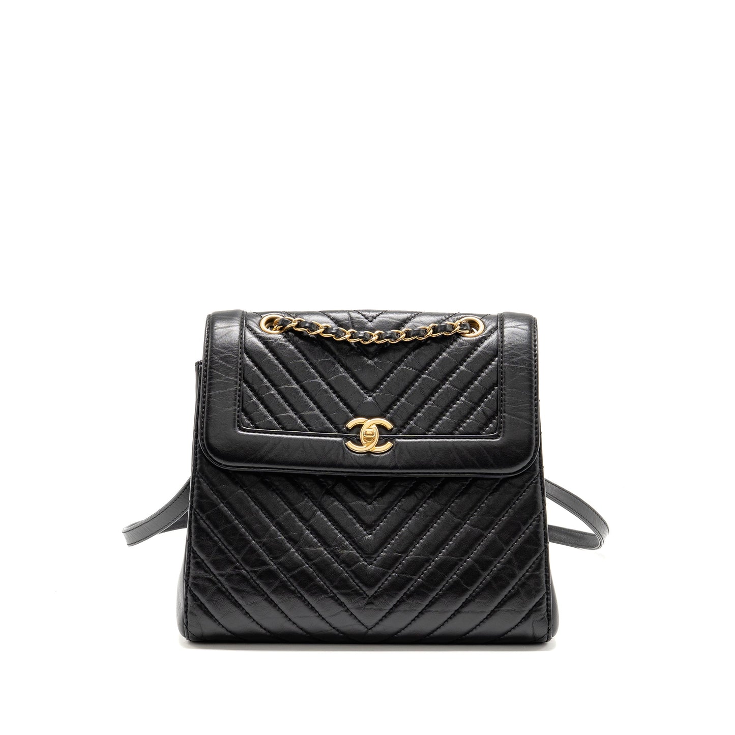 Chanel Chevron Frame Quilted Backpack Aged Calfskin Black
