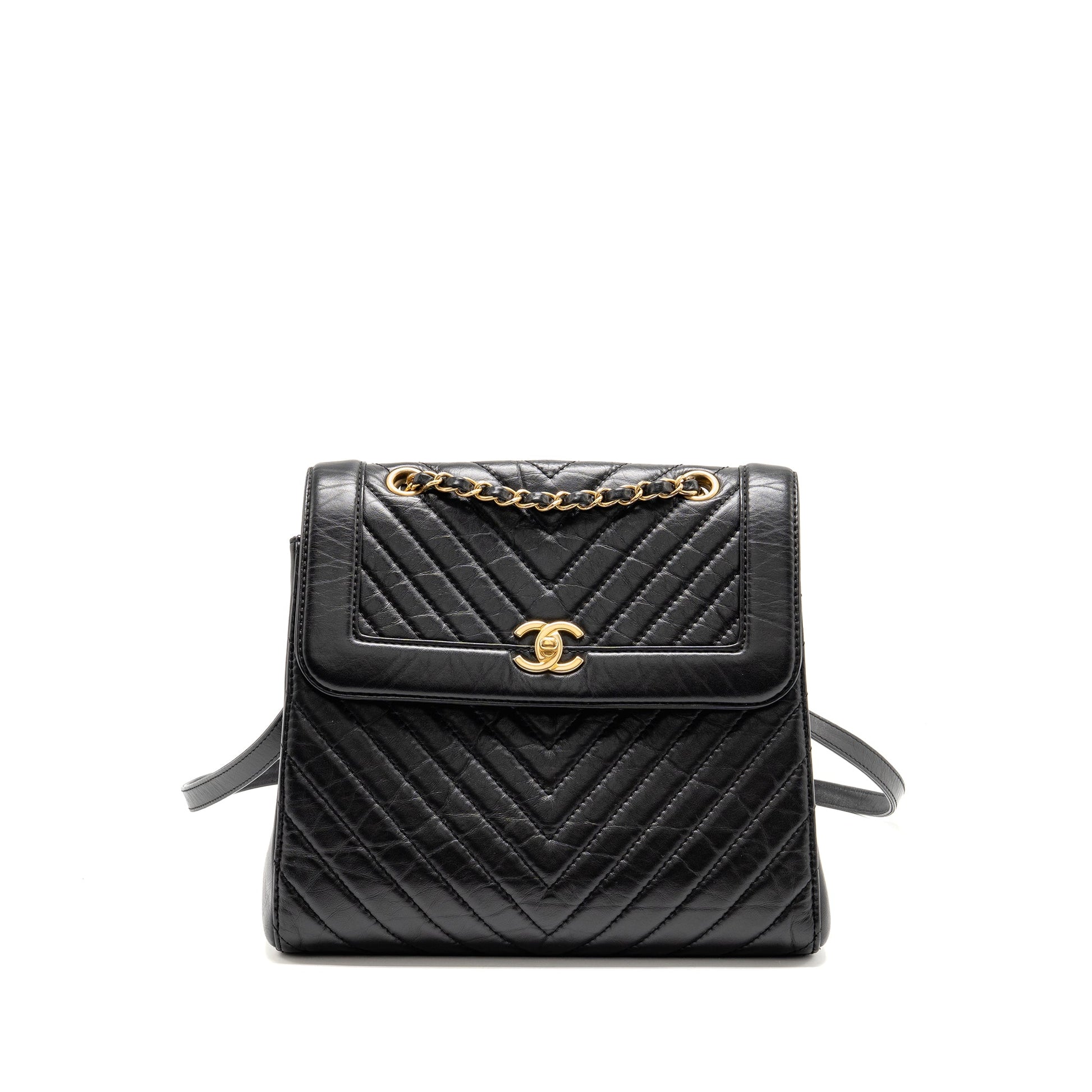 Chanel Chevron Frame Quilted Backpack Aged Calfskin Black