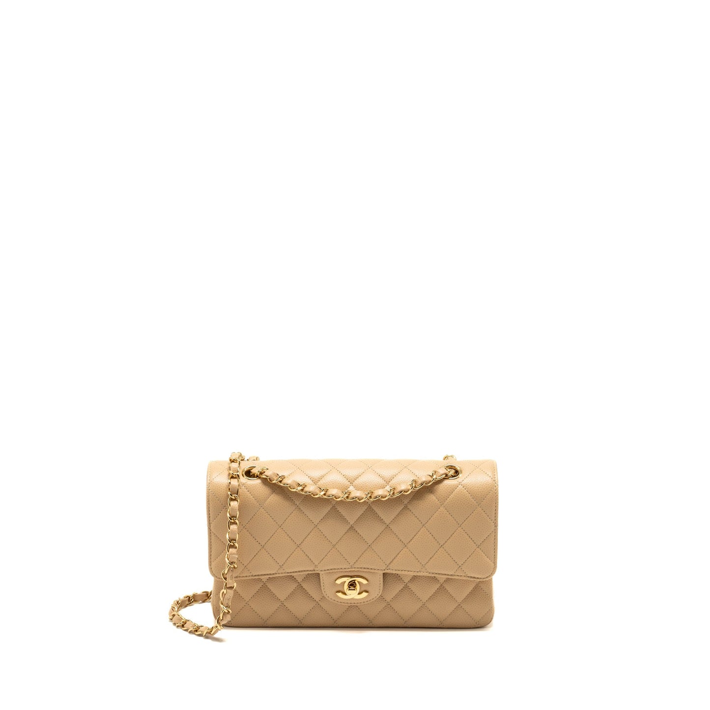 Chanel Classic Double Flap Caviar GHW Microchip Beige Shoulder Bag