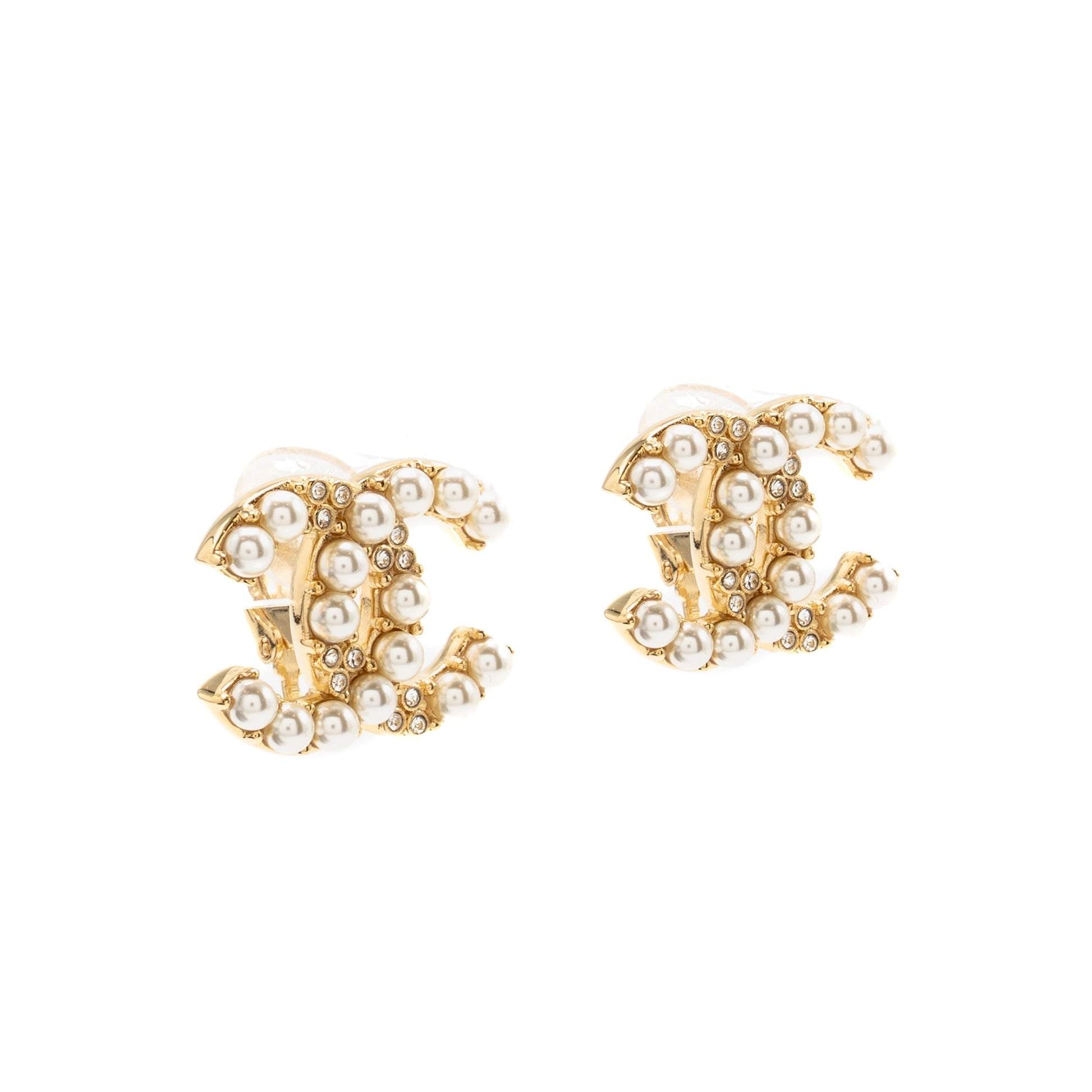 Chanel Pearl&crystal cc logo ear clips tone Gold Handbag