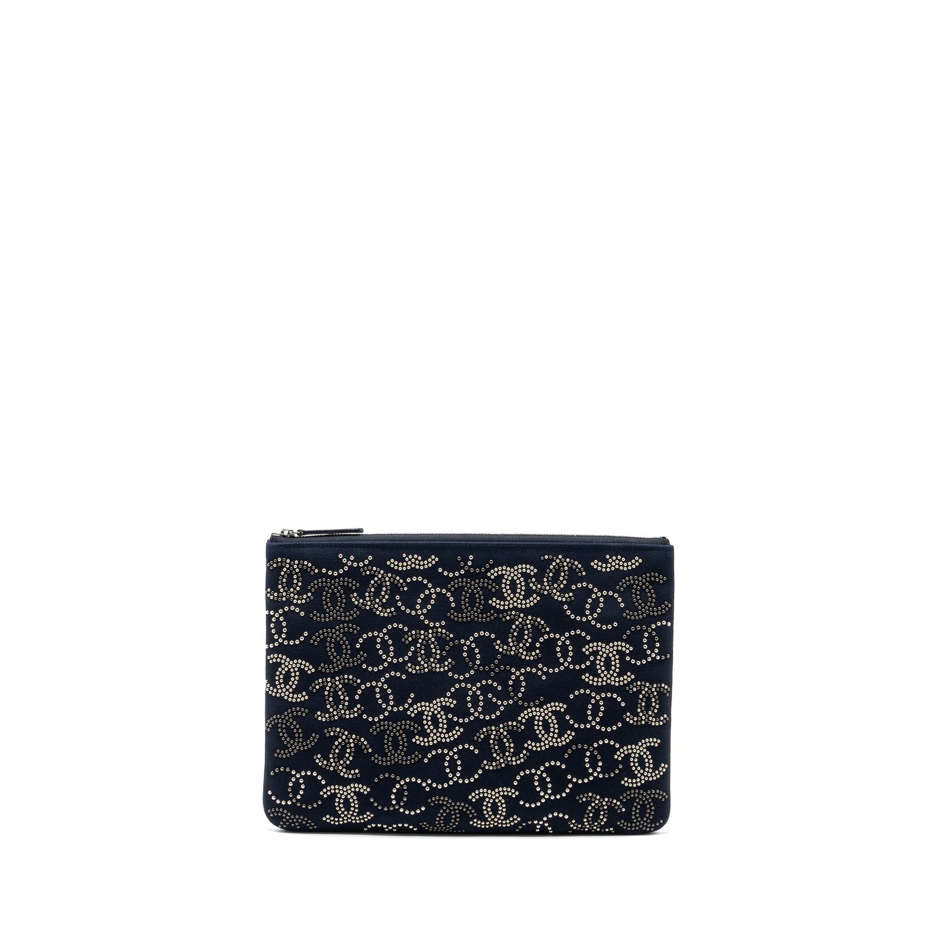 Chanel Double Side Zip Fabric Ruthenium Black Clutch Bag
