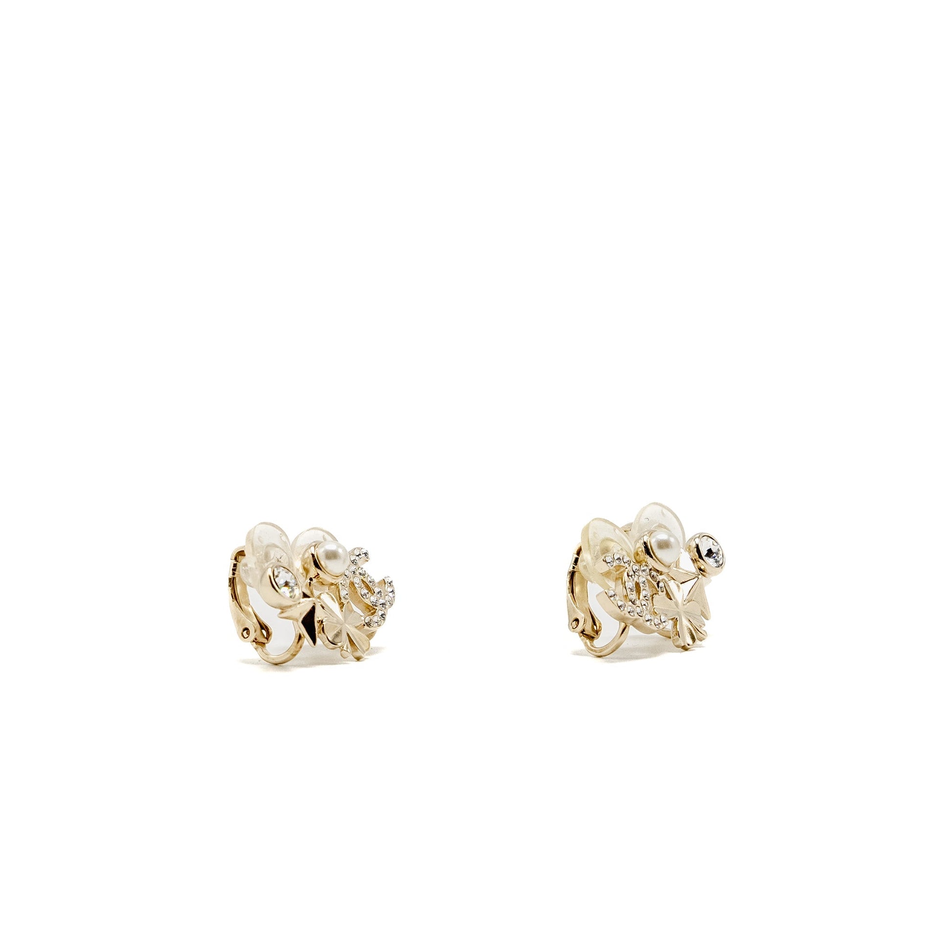 Chanel CC Logo Flower Ear Clips Crystal Gold Handbag