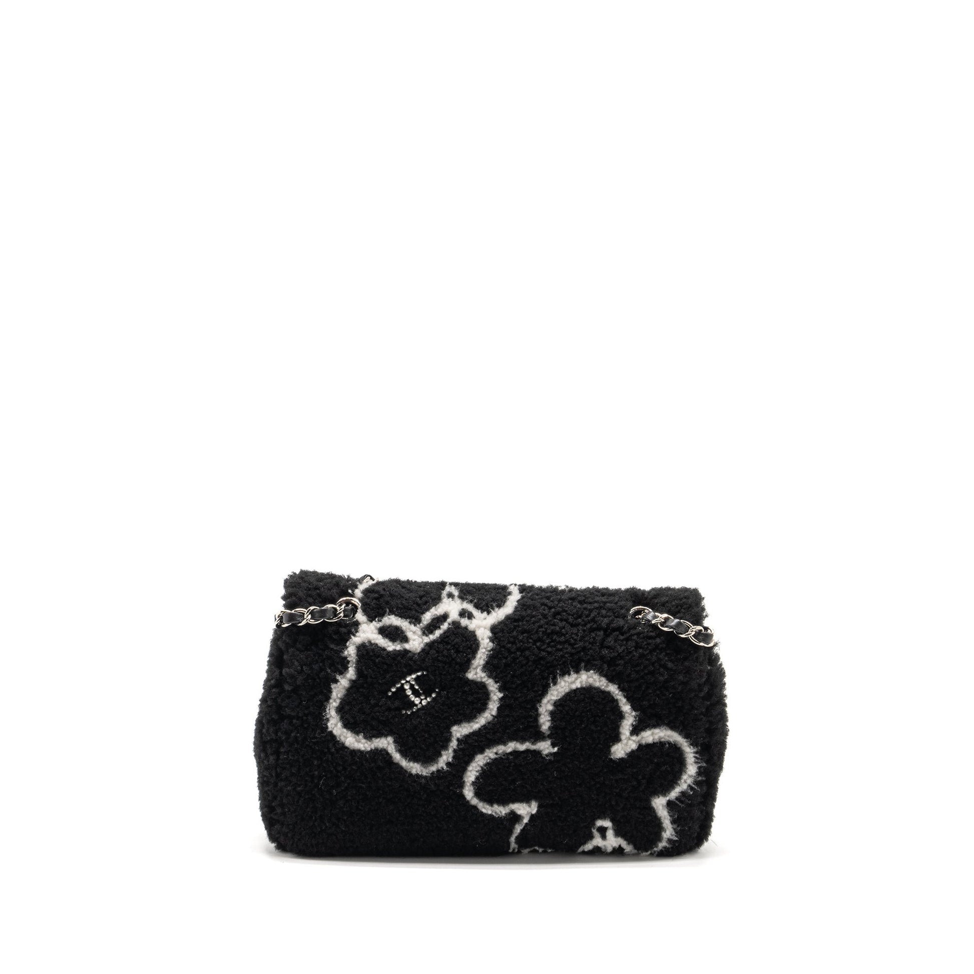Chanel 22A Fluffy Camellia Flap Embroidered Shearling Black White Shoulder Bag