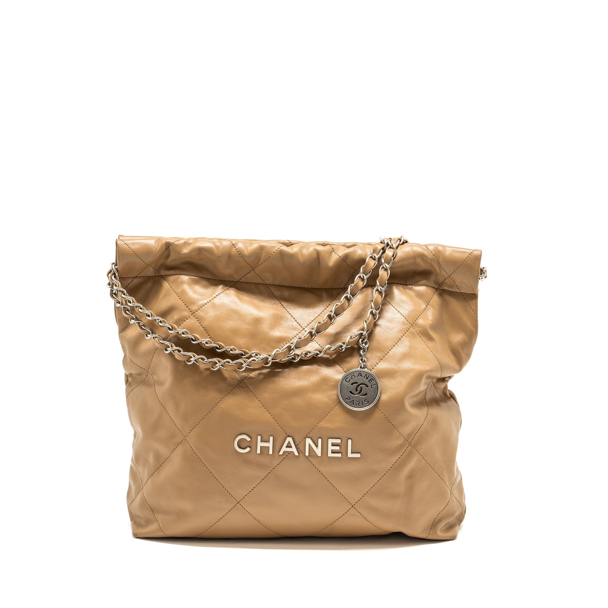 Chanel 22K 22 Calfskin Dark SHW Microchip Beige Small Handbag