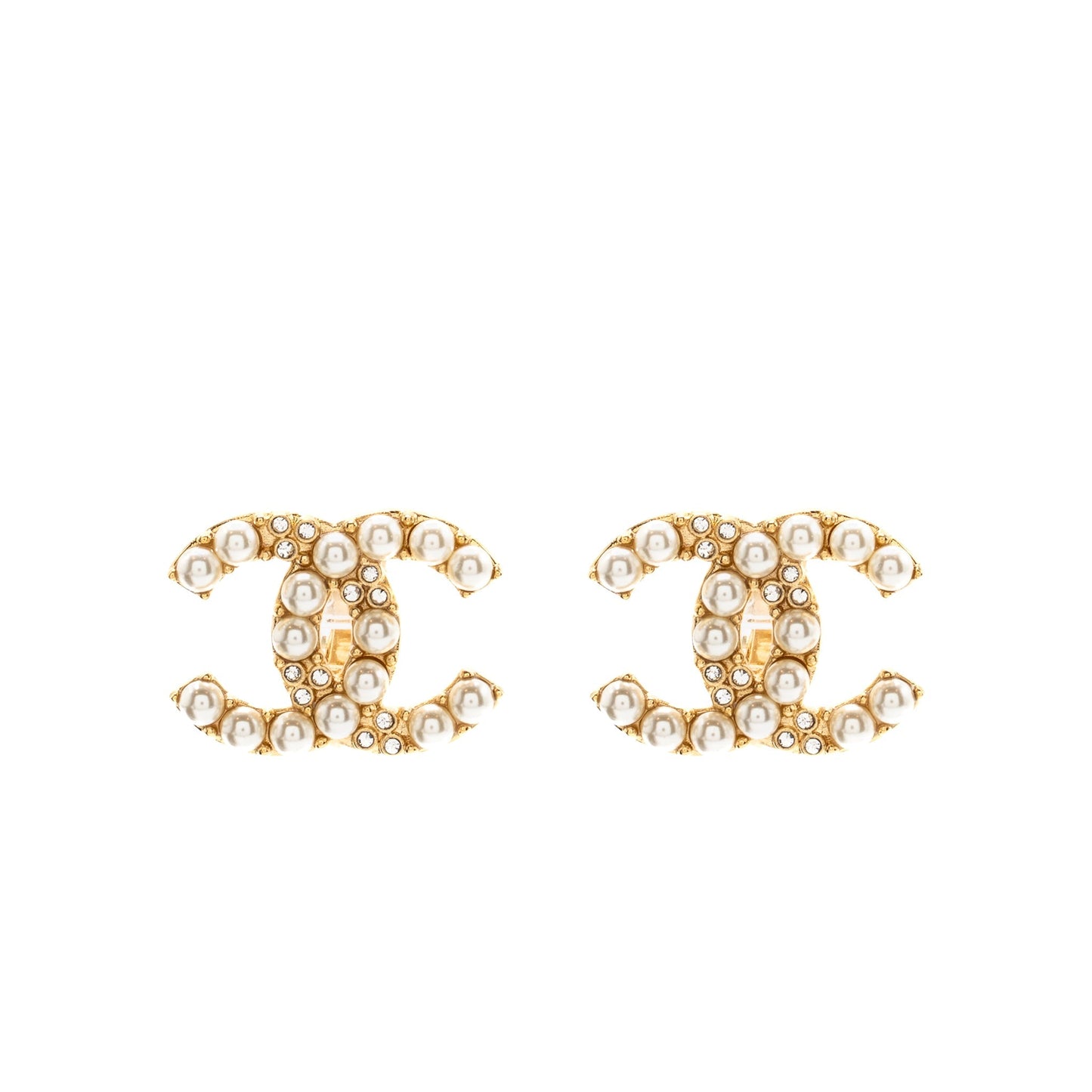 Chanel Pearl&crystal cc logo ear clips tone Gold Handbag