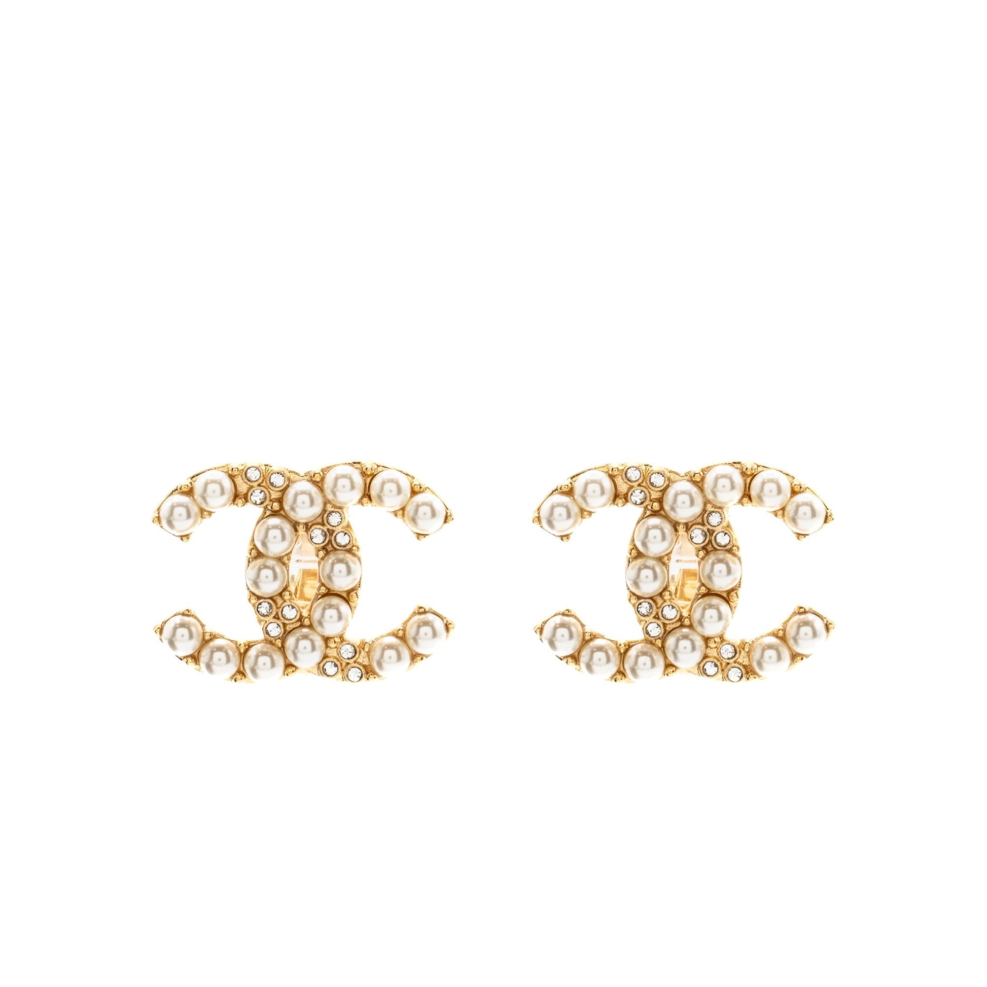 Chanel Pearl&crystal cc logo ear clips tone Gold Handbag