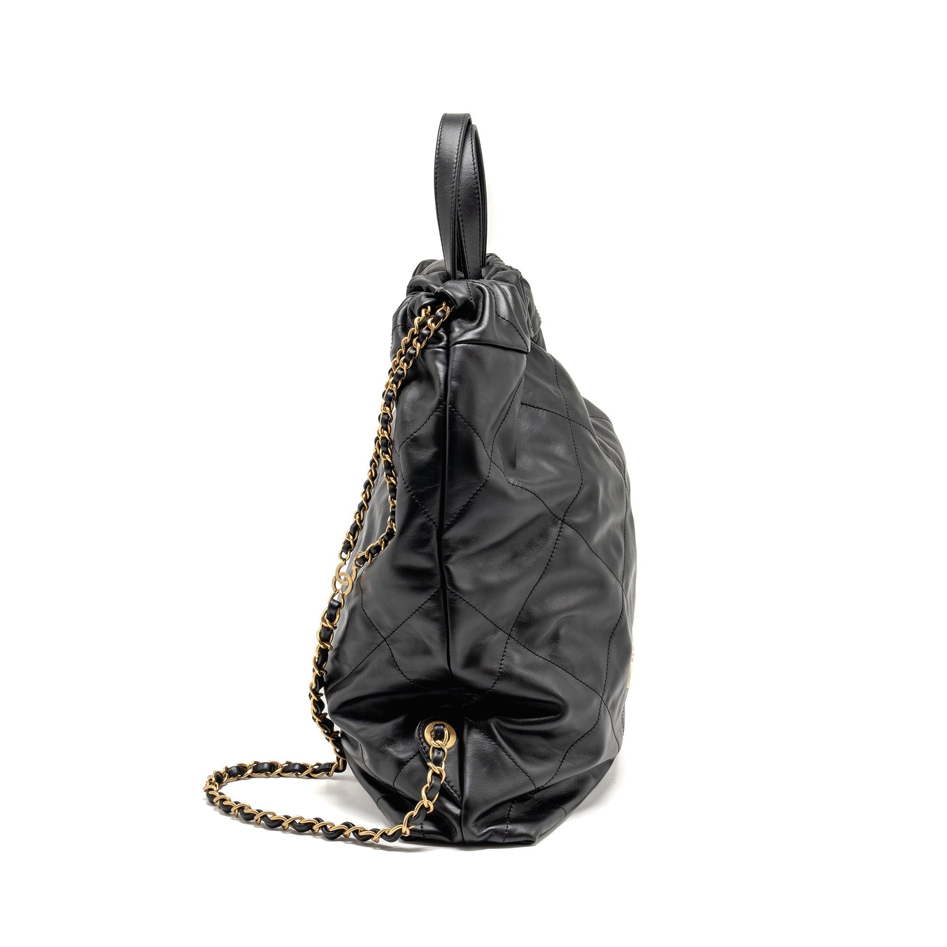 Chanel 22 Backpack Letter Logo Shiny Calfskin Black White