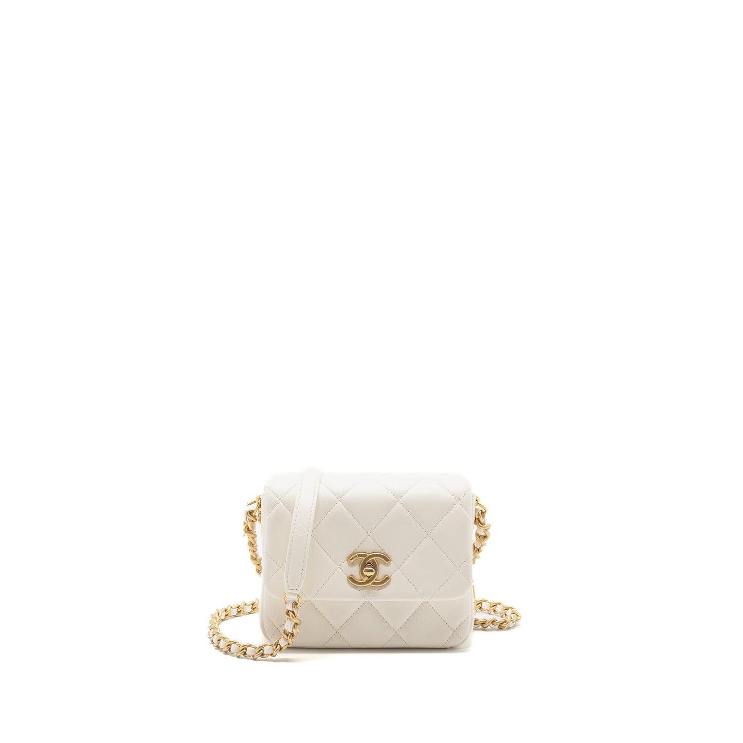 Chanel Seasonal Square Flap Lambskin GHW Microchip White Shoulder Bag