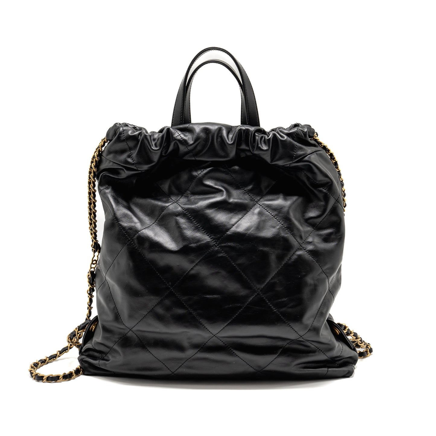 Chanel 22 Backpack Letter Logo Shiny Calfskin Black White