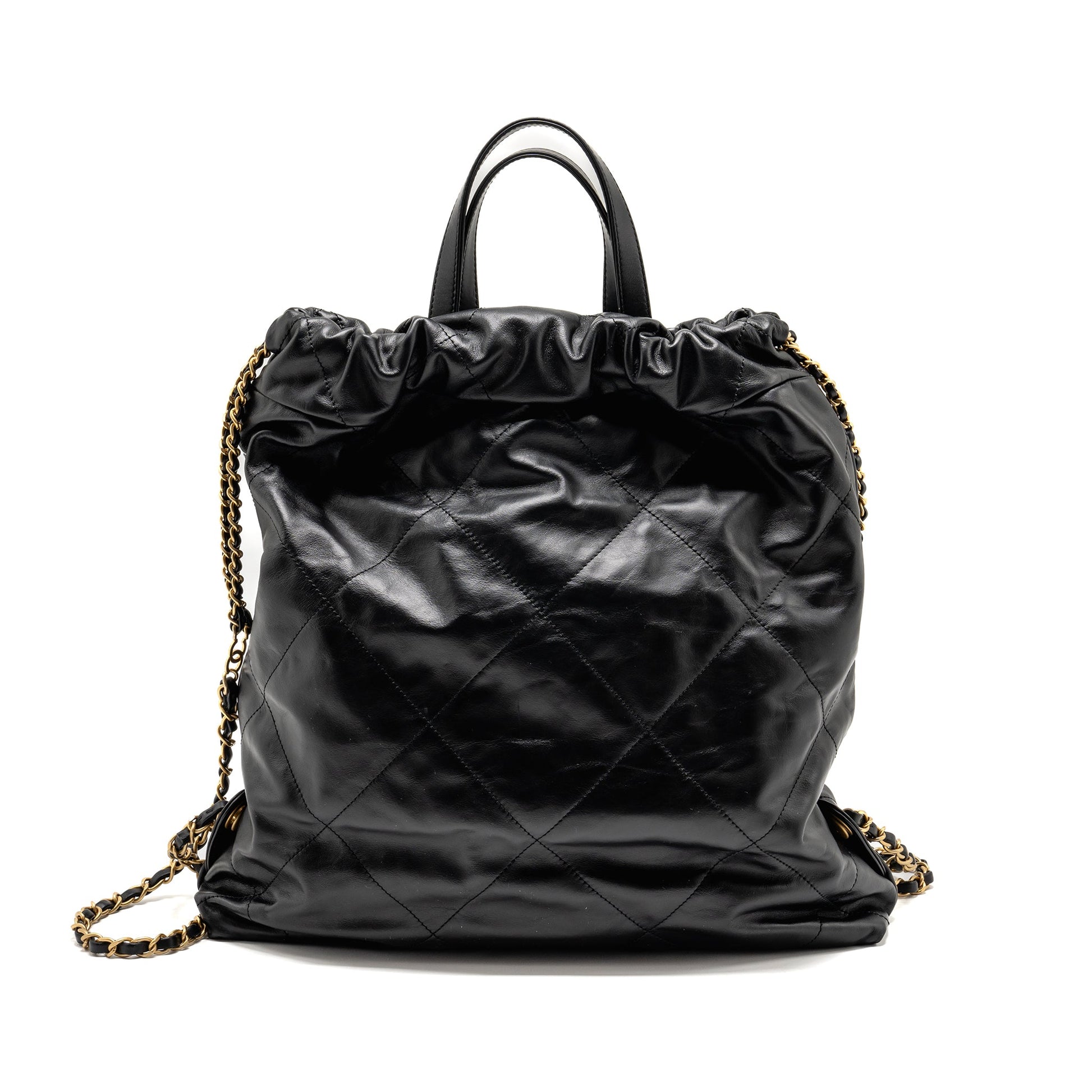 Chanel 22 Backpack Letter Logo Shiny Calfskin Black White