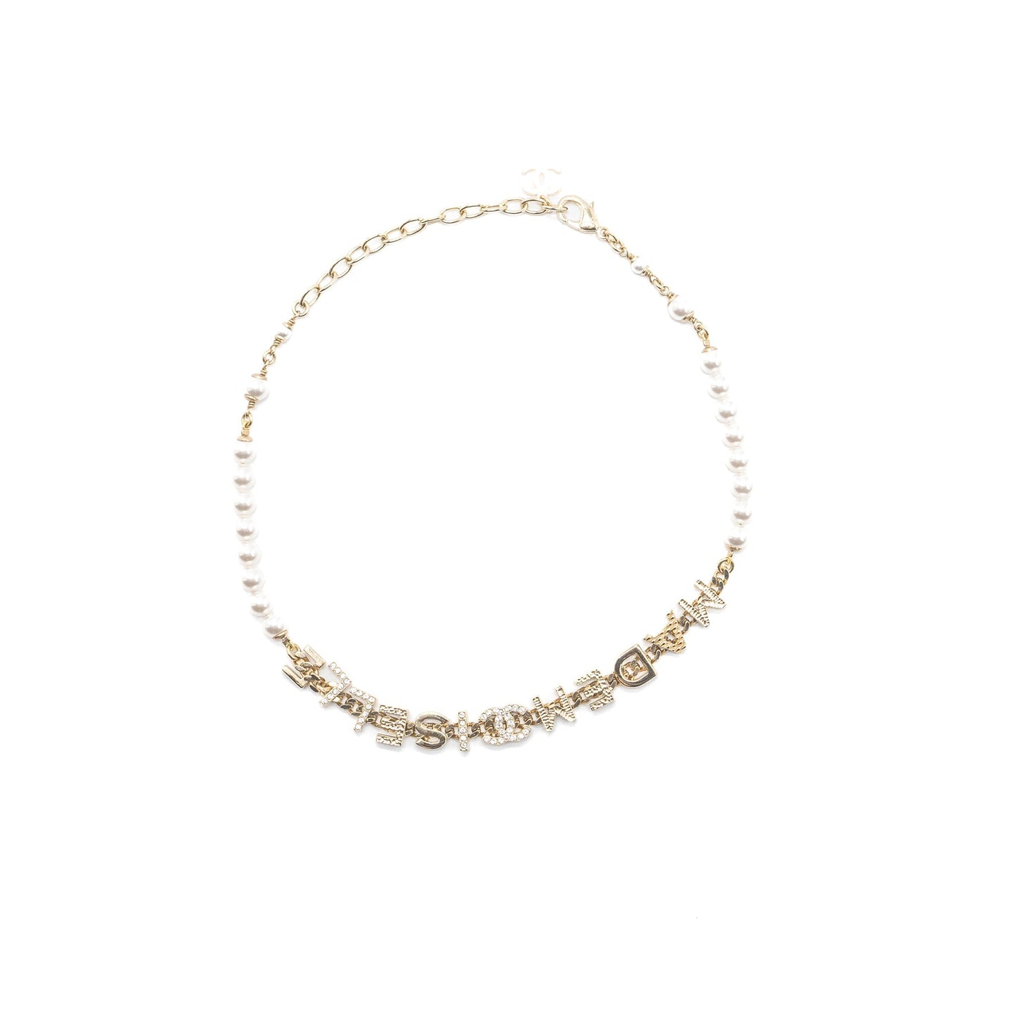 Chanel Letter Pearl Chocker Crystal Light Tone Gold Handbag