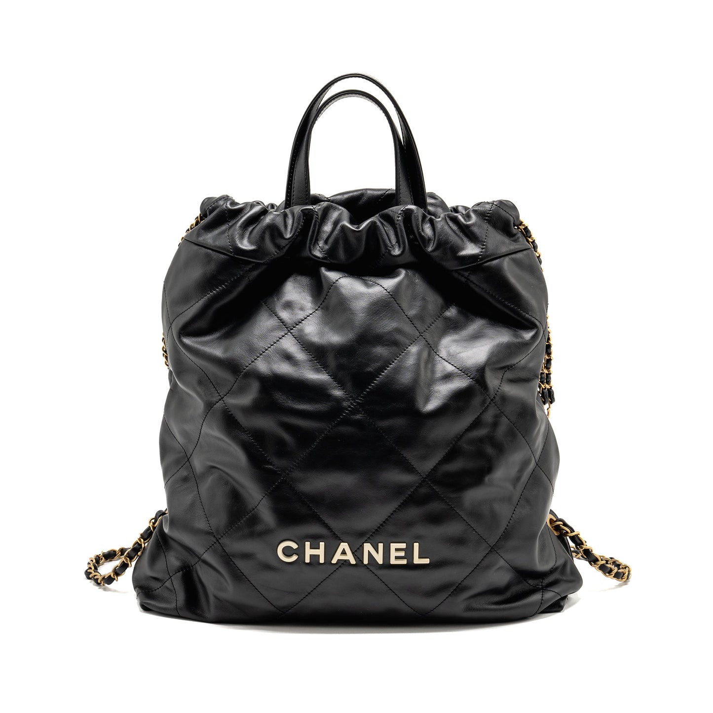 Chanel 22 Backpack Letter Logo Shiny Calfskin Black White