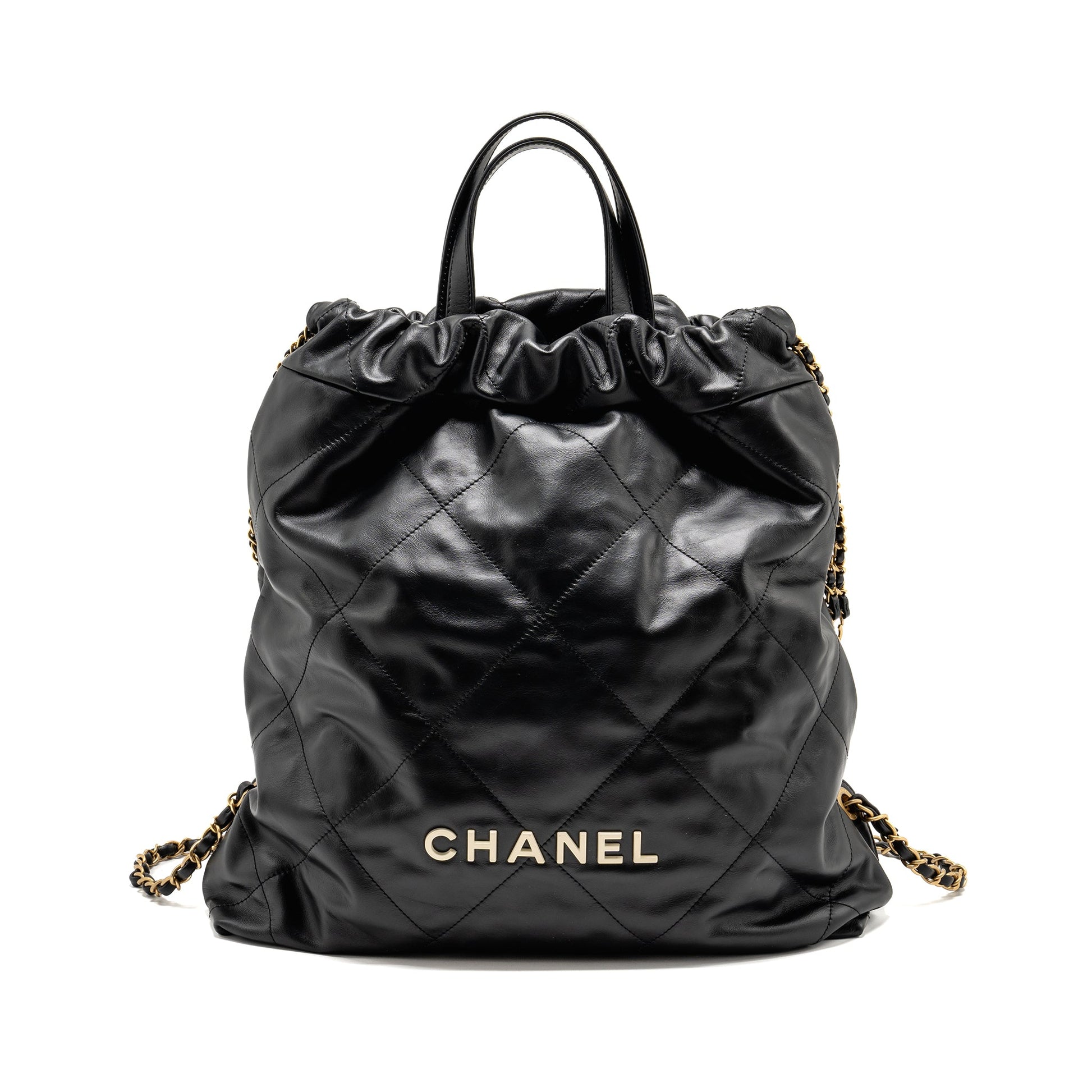 Chanel 22 Backpack Letter Logo Shiny Calfskin Black White