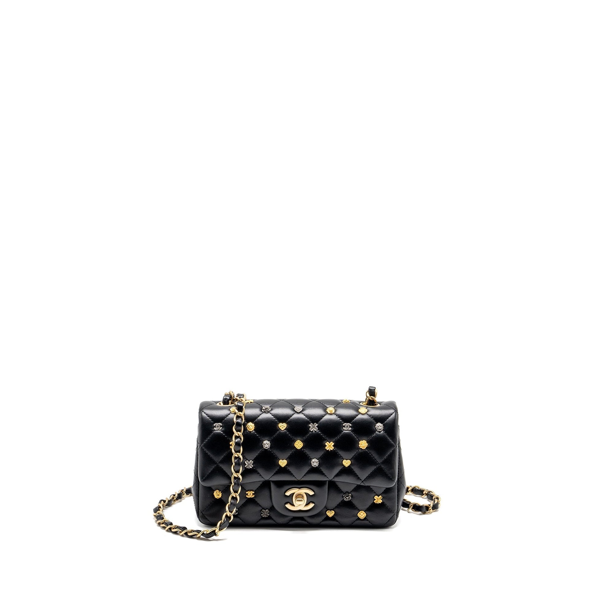 Chanel Rectangular Flap Charms Limited Edition Lambskin Black Gold Silver Key Chain