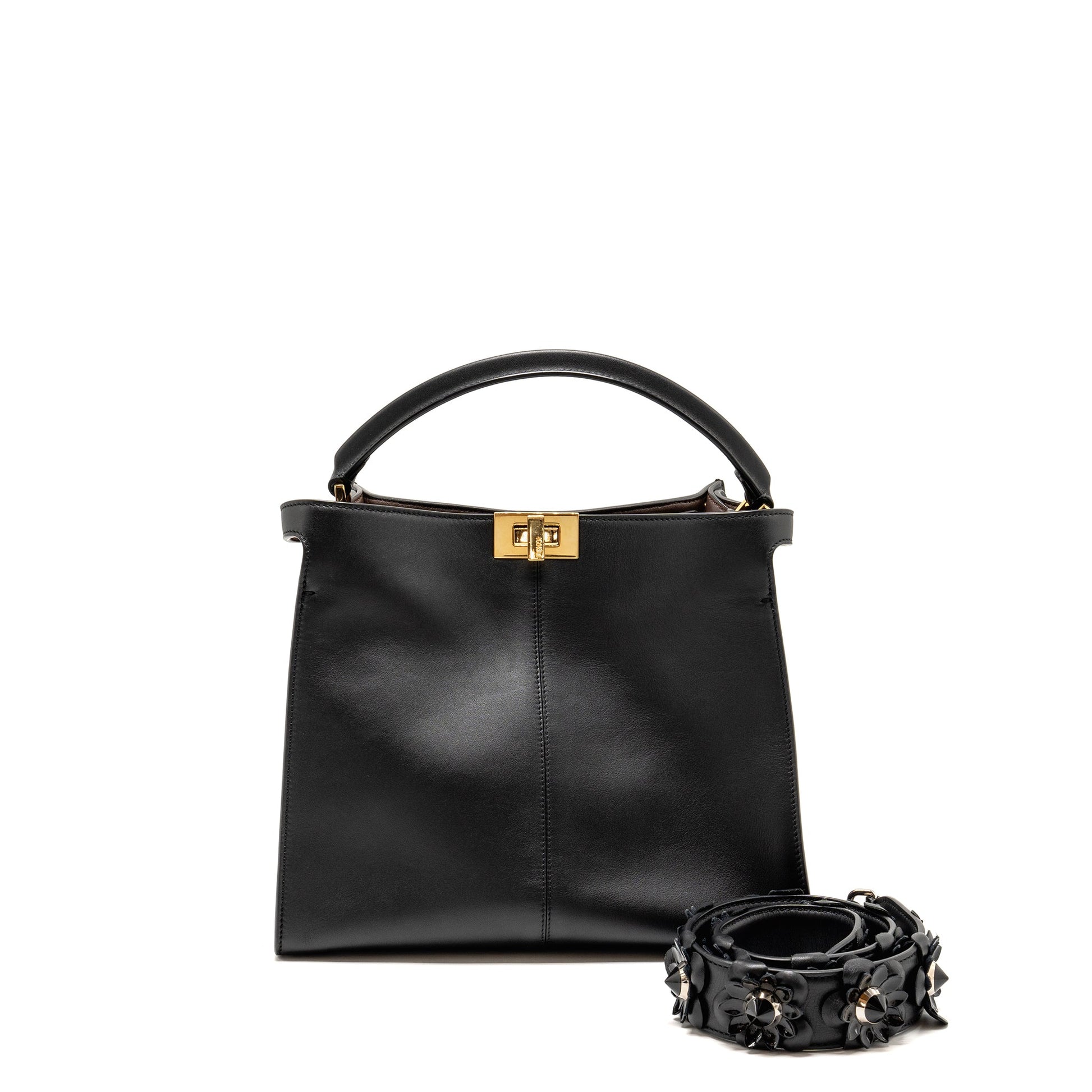 Fendi Peekaboo Lite Calfskin With Flowerland Strap Handbag Black Medium Travel Bag