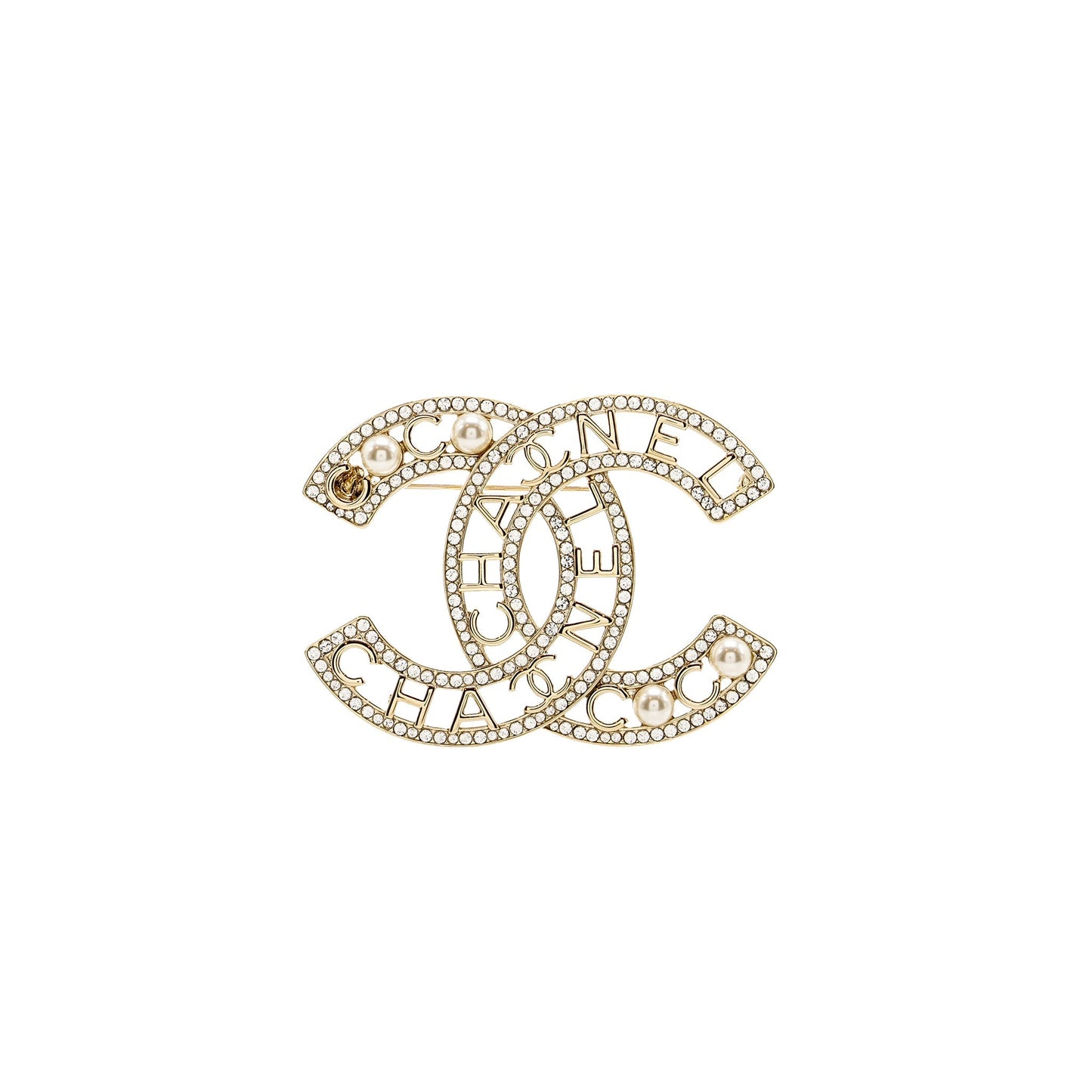 Chanel CC logo Crystal Pearl Brooch Light Gold Handbag