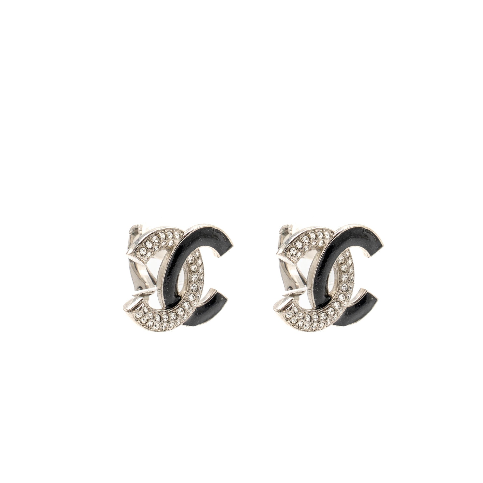 Chanel Crystal Enamel CC Logo Ear Clips Silver Handbag