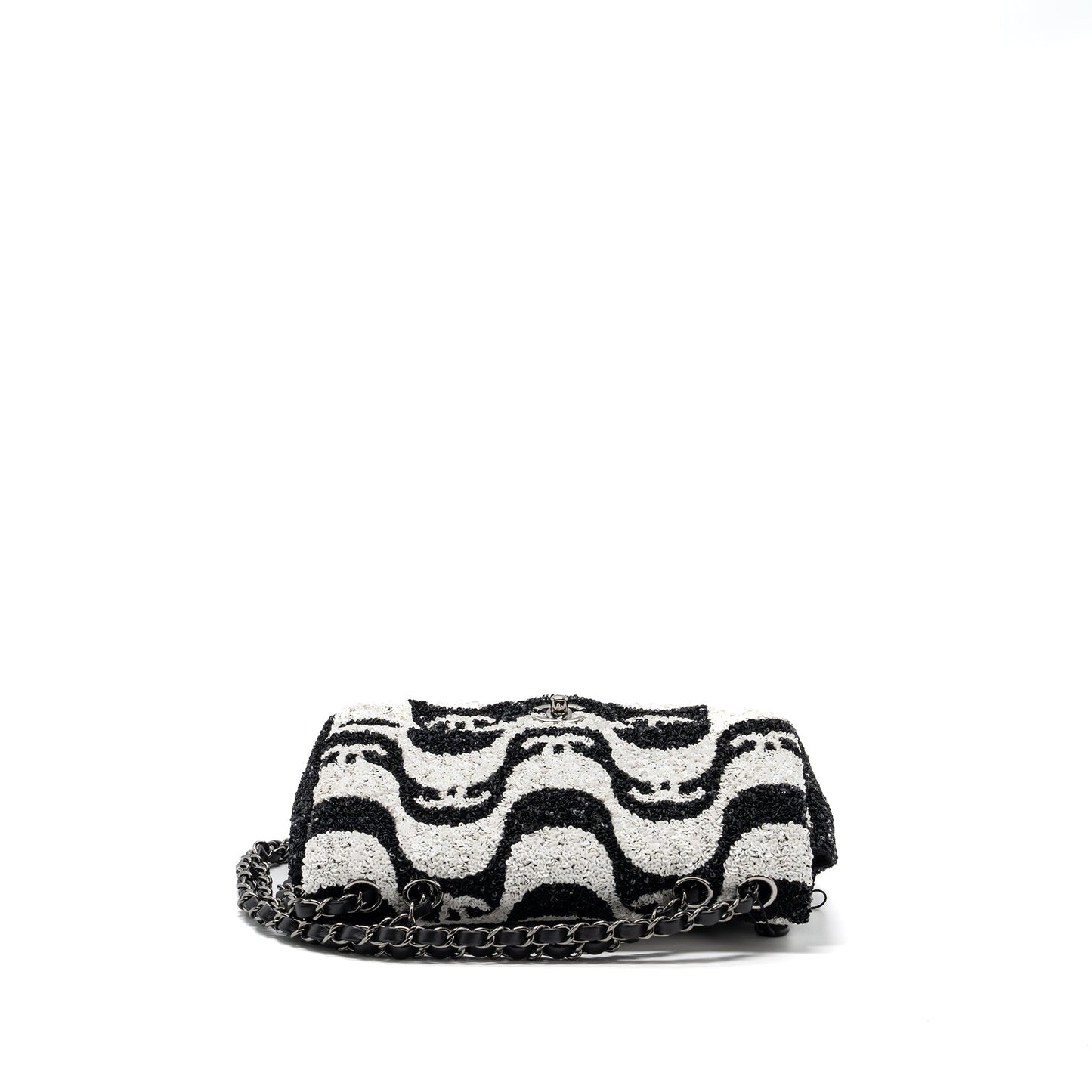 Chanel 21P Limited Edition Flap Sequins Satin Black White Shoulder Bag