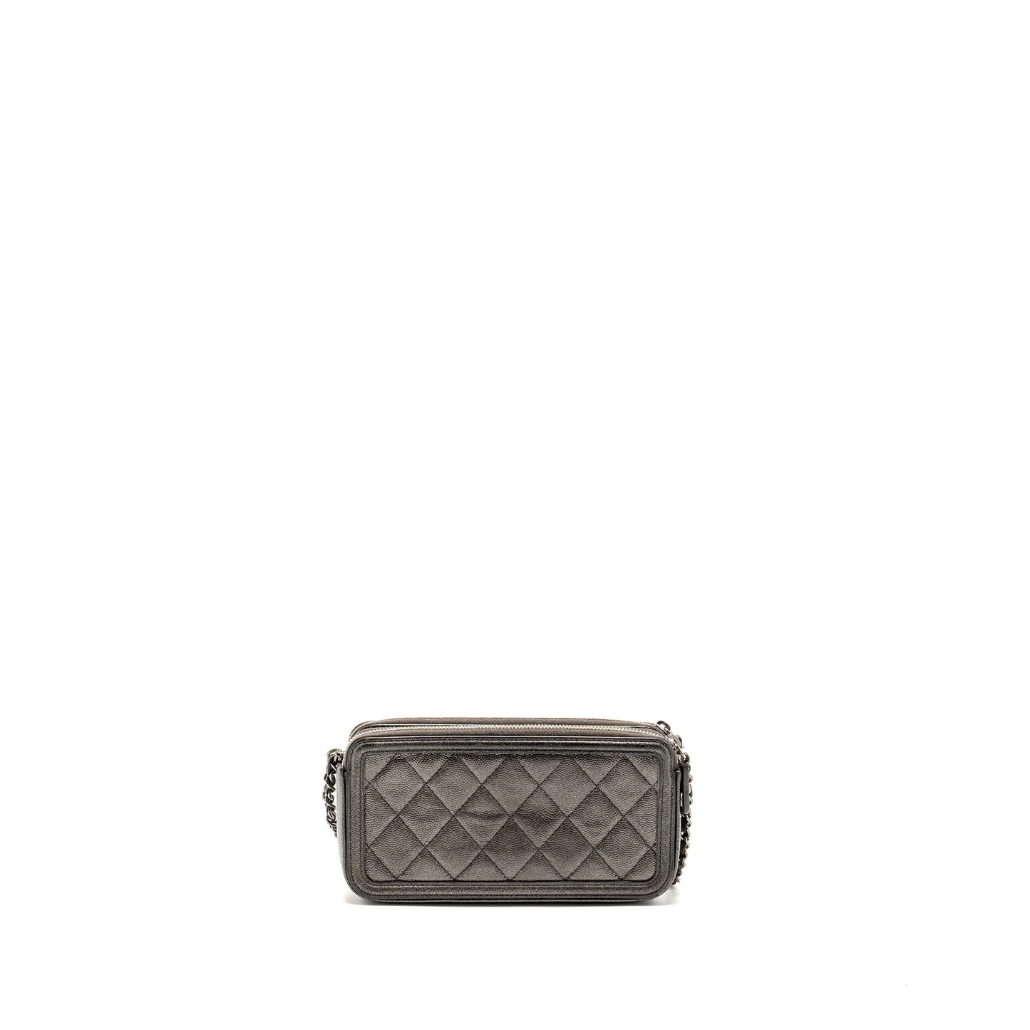 Chanel CC Filigree Double Zip Caviar SHW Grey Small Clutch Bag