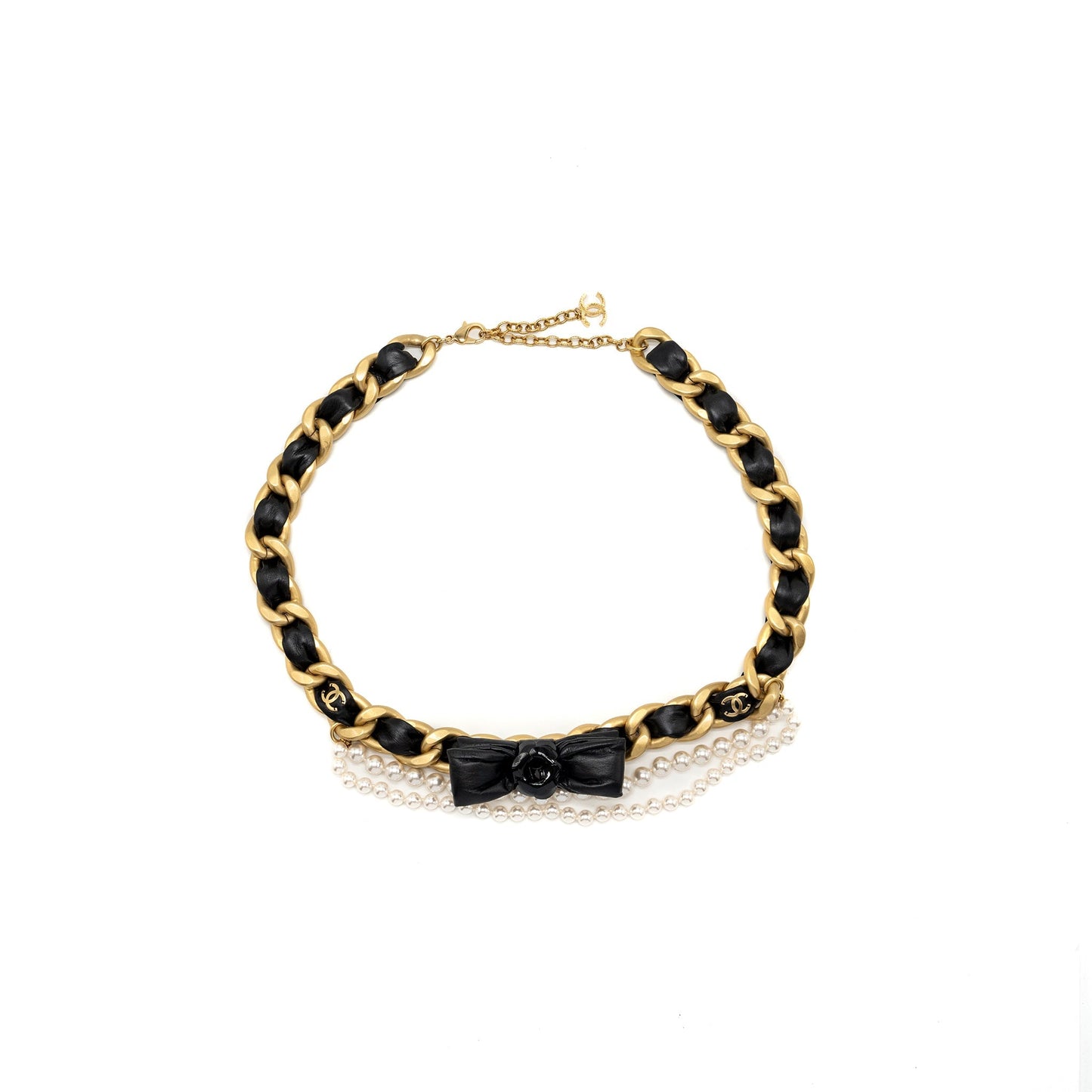 Chanel bow fancy belt pearl tone Black Gold Leather